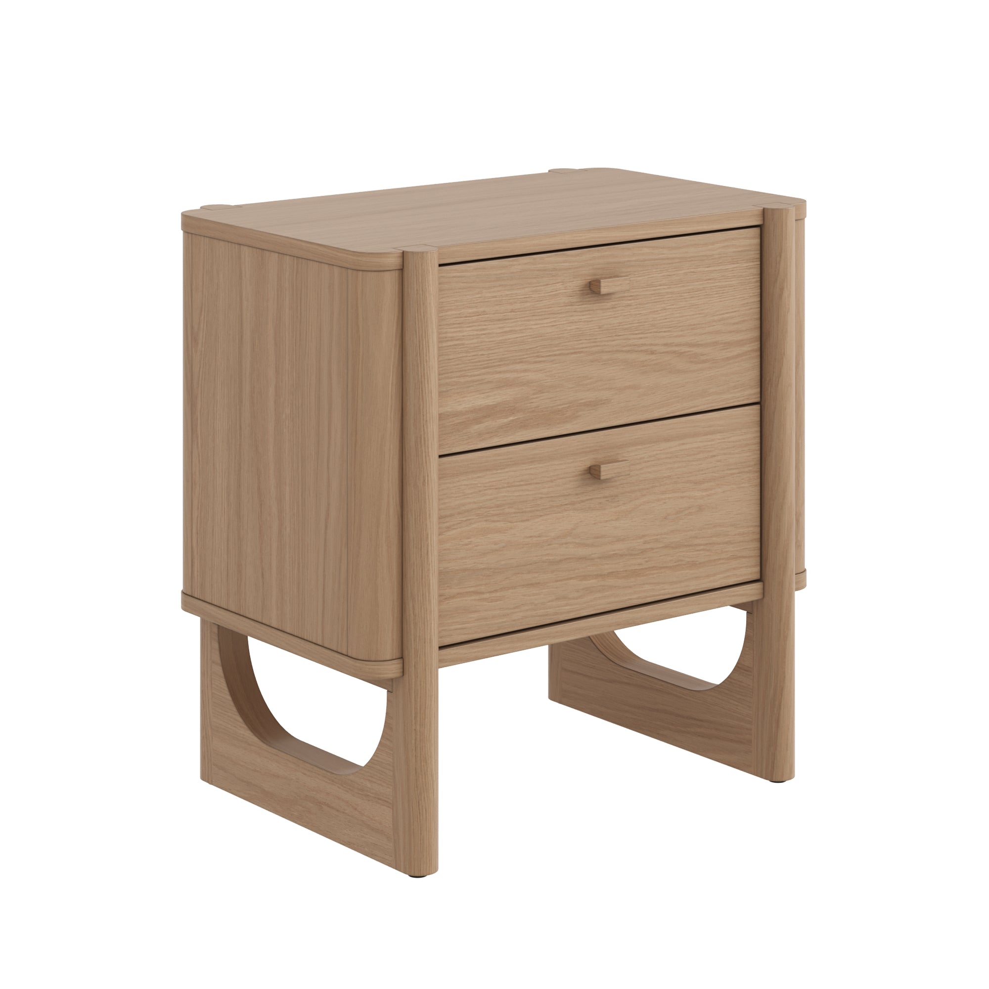 A wooden nightstand with a light oak finish, featuring two drawers with simple rectangular handles and an open space at the bottom supported by curved side panels.