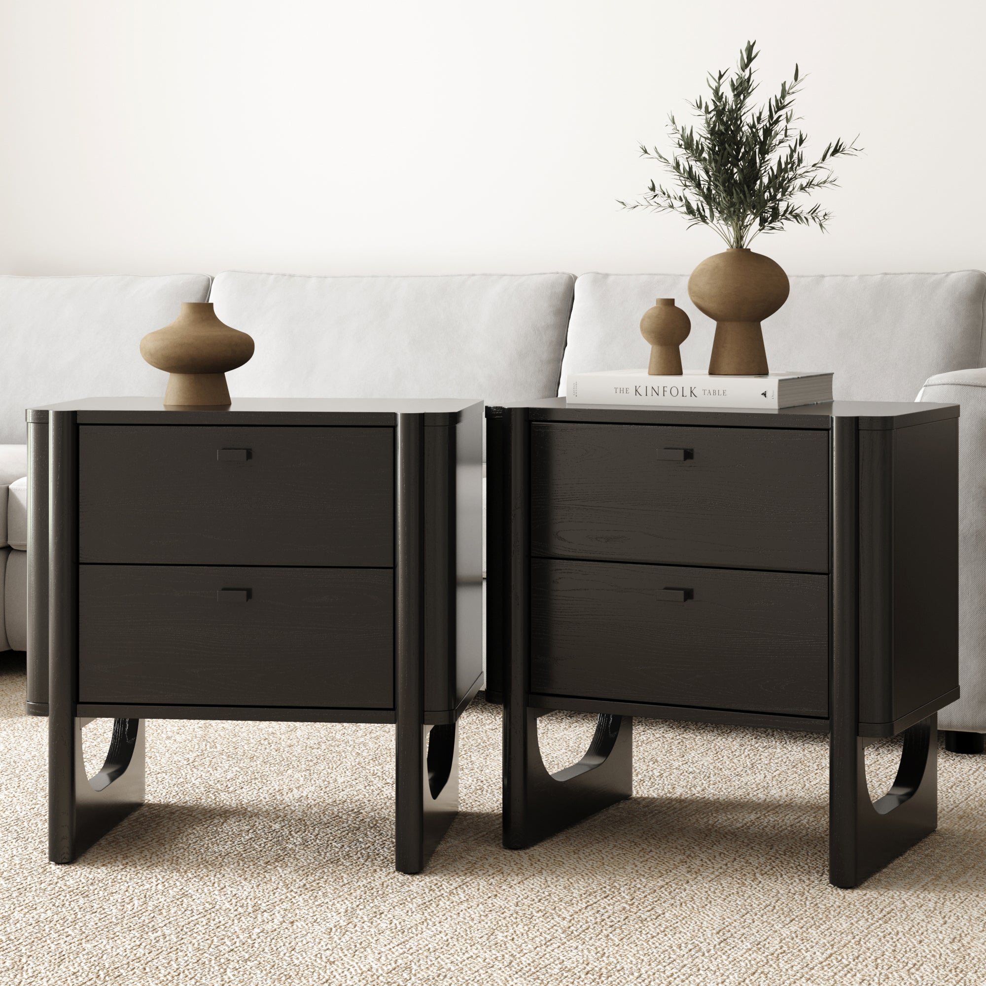Mid Century Modern 2 - Drawer Solid Wood Nightstand Black (Set of 2) - Nathan James