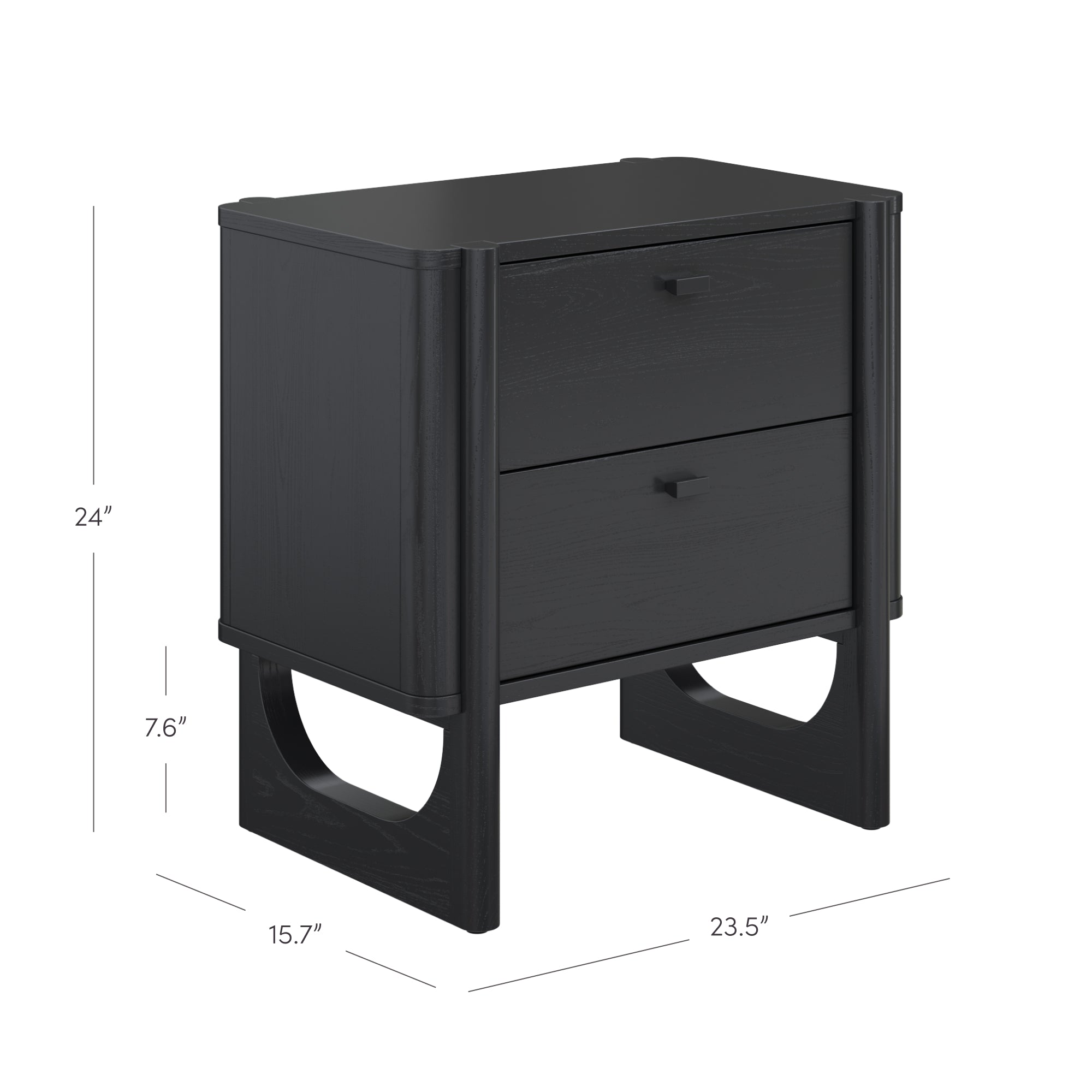 A black nightstand with two drawers, rounded edges, and open rectangular legs. Dimensions shown: 24 height, 23.5 width, 15.7 depth, and 7.6 drawer height.