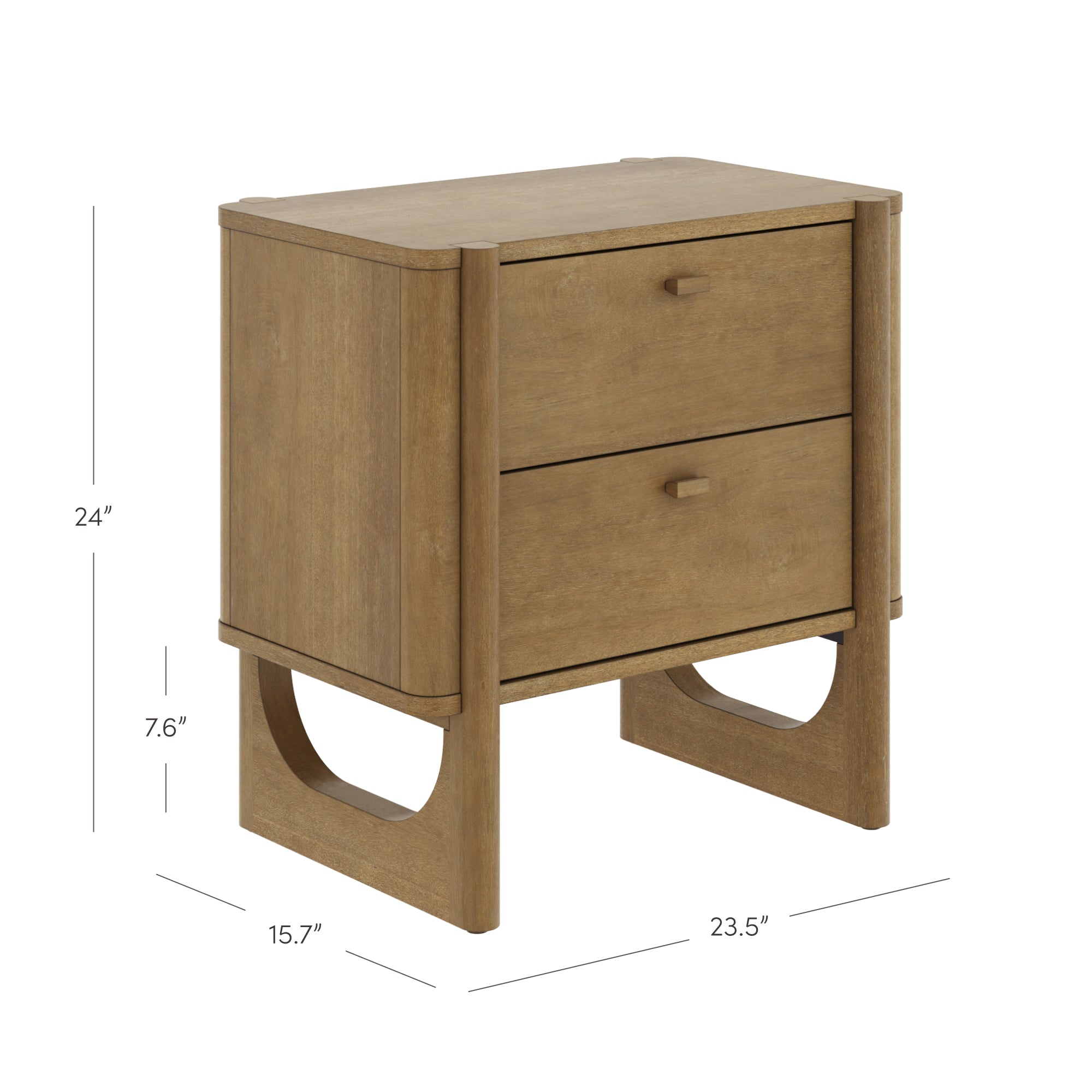 A wooden nightstand with two drawers, featuring a light brown finish. The dimensions are 24 inches high, 15.7 inches deep, and 23.5 inches wide. The base has open, curved cut-out legs.