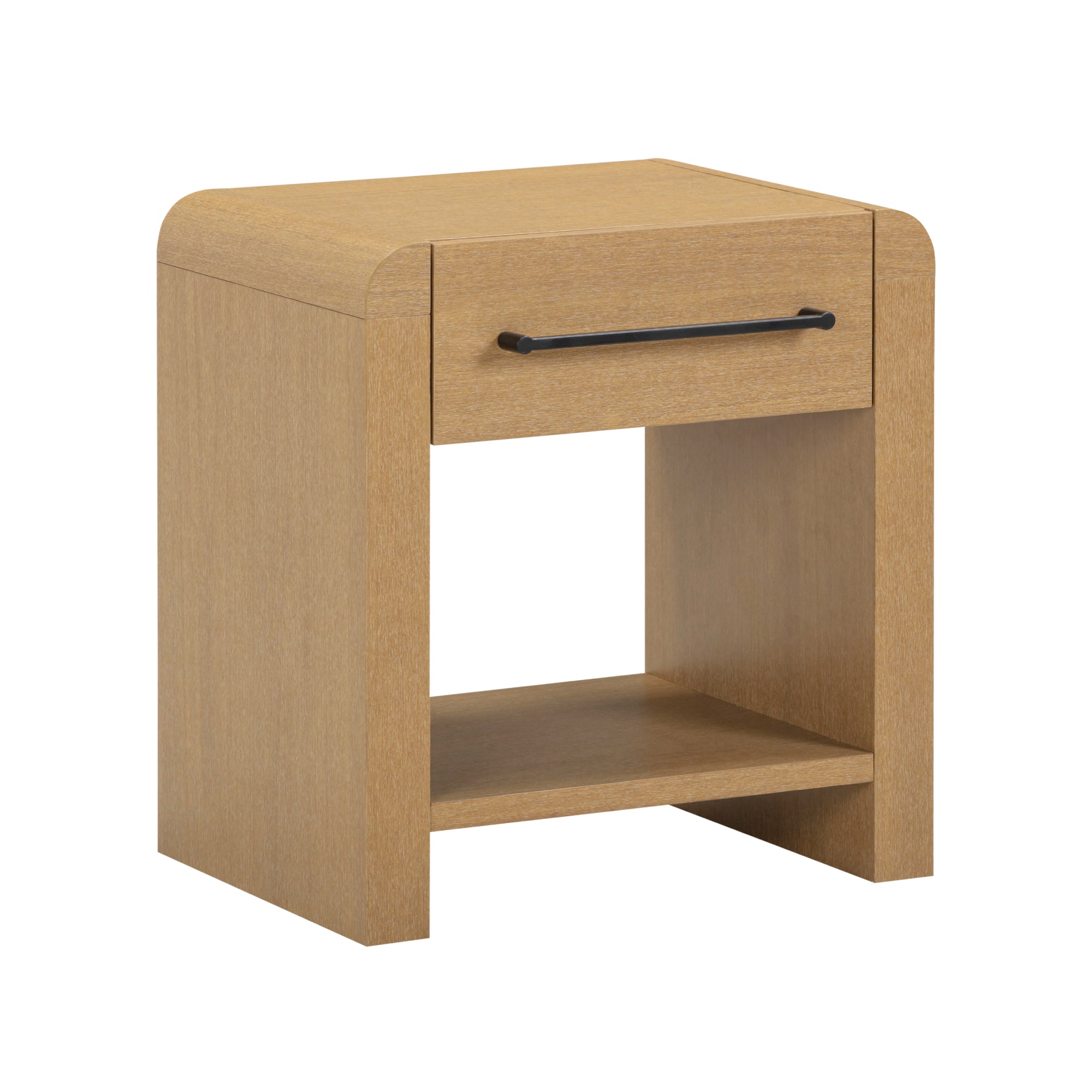 Light wood nightstand with rounded edges, a single drawer featuring a black handle, and an open shelf underneath. The background is plain white.
