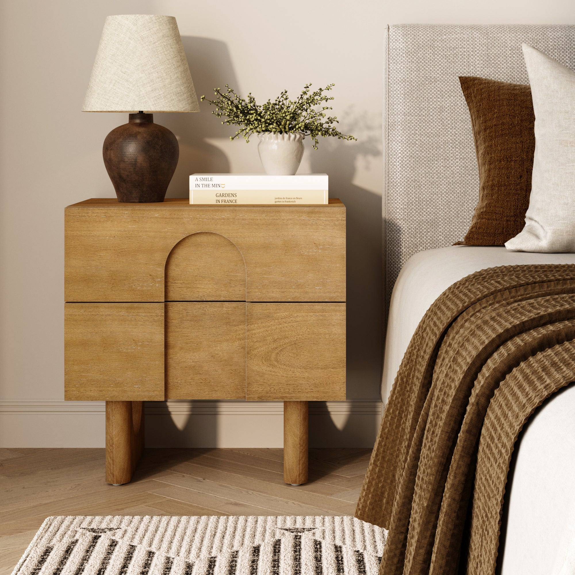 Wooden Bedside Table with Drawers and Solid Wood Legs Light Brown - Nathan James