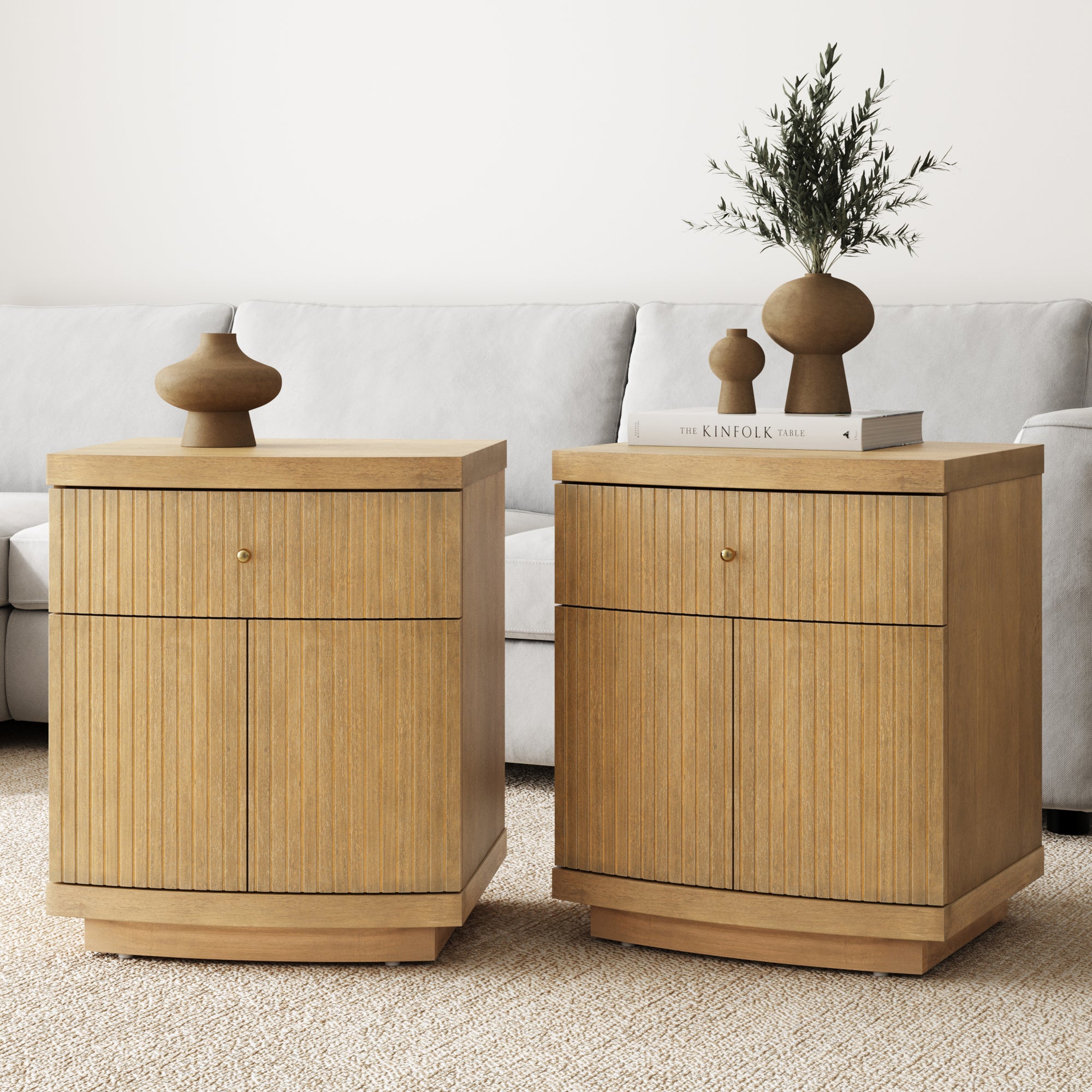 Fluted Nightstand with Drawer and Cabinet Storage Light Brown (Set of 2) - Nathan James