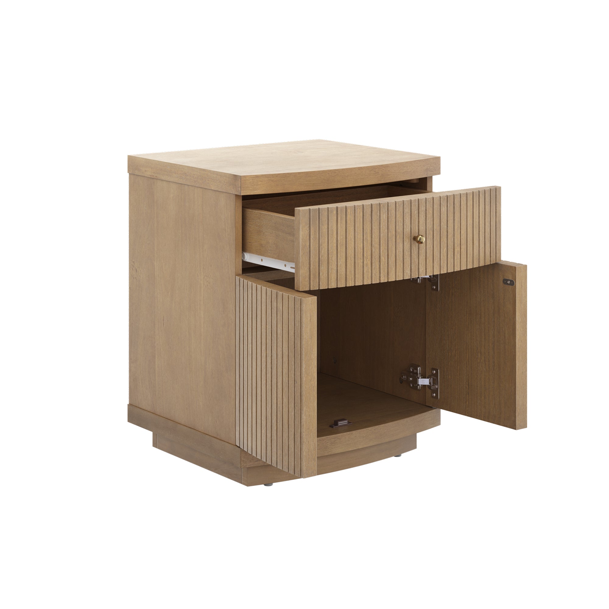 A wooden bedside table with a single drawer and a cabinet door, both open. The table features vertical grooves on the drawer and door, and has a natural wood finish.