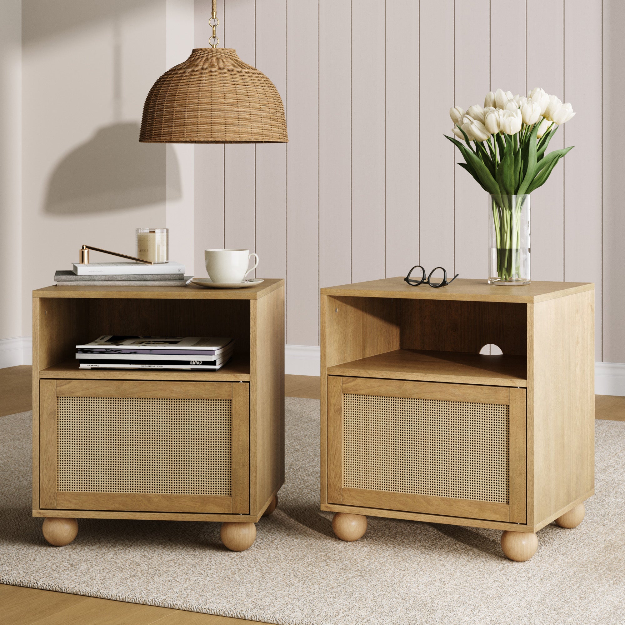 Coastal Rattan & Wood Nightstand with Storage (Set of 2) - Nathan James
