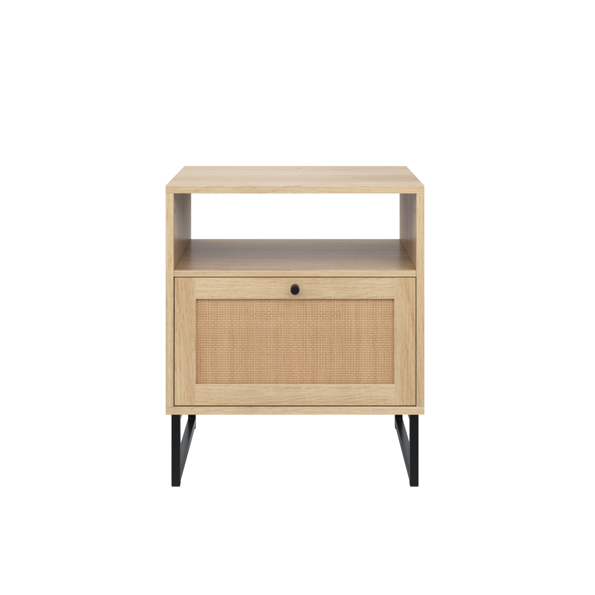 A light wood nightstand with a rectangular open shelf, a woven front drawer with a small round knob, and four slim black metal legs.