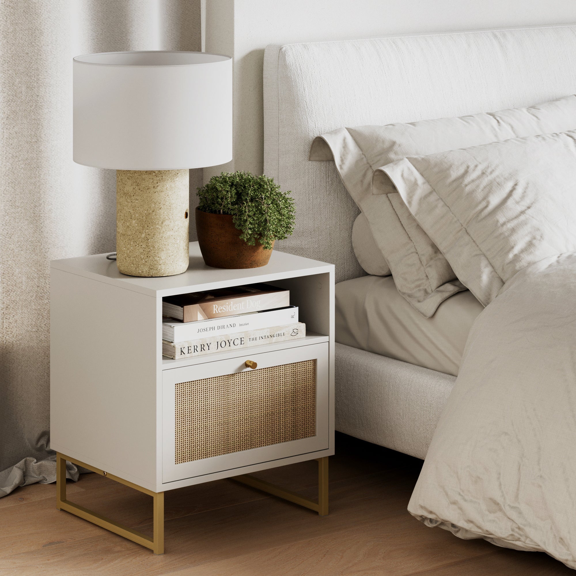 Rattan & Wood Storage Nightstand White - Nathan James