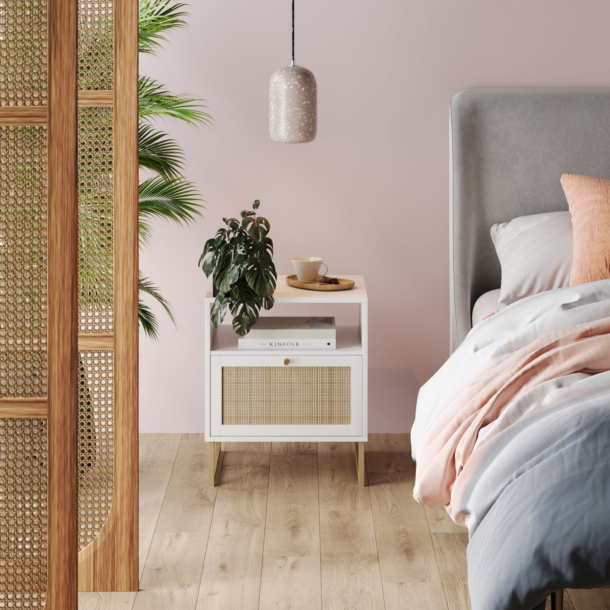 Rattan & Wood Storage Nightstand White - Nathan James