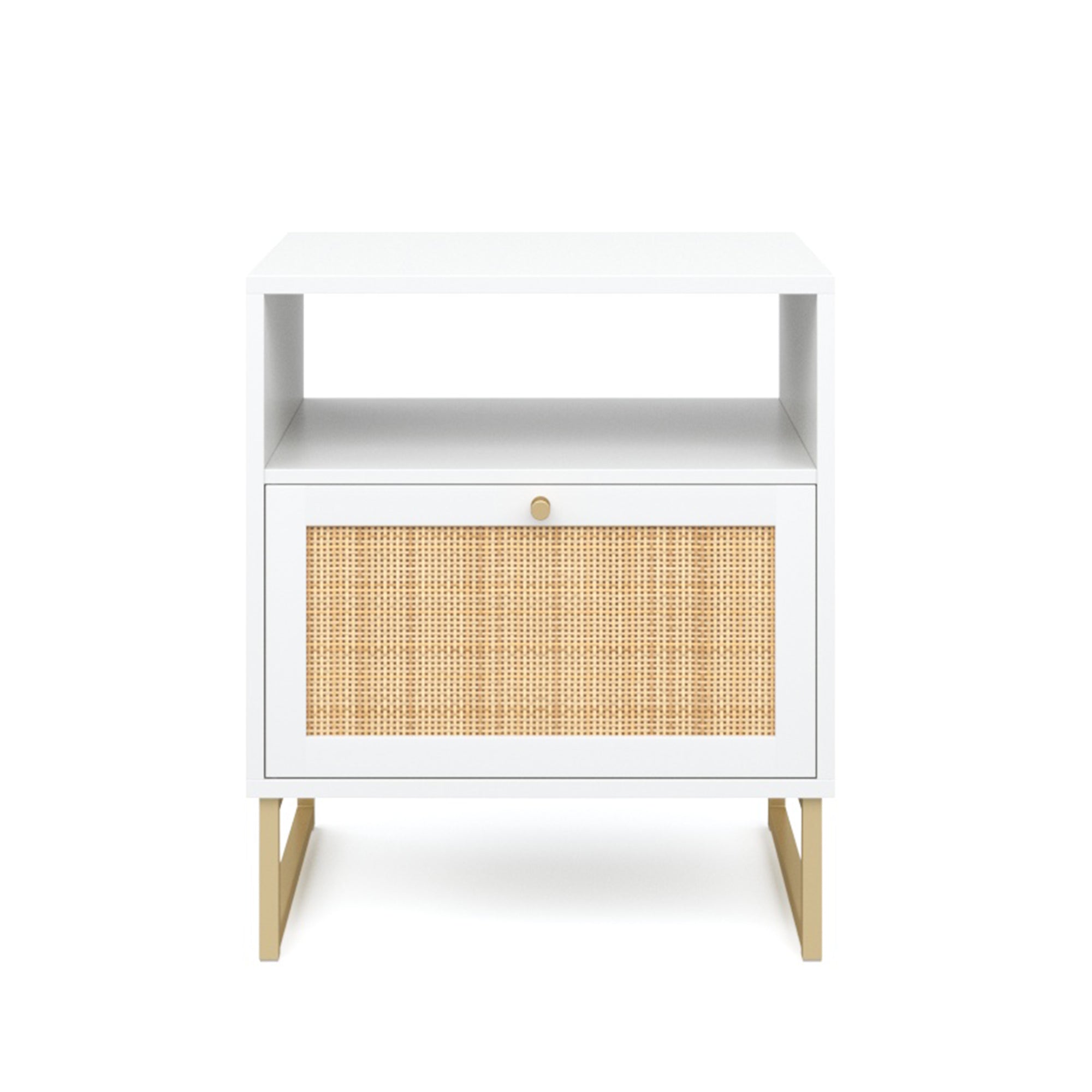 A modern white nightstand with gold legs, an open upper shelf, and a lower drawer featuring a woven rattan front and a small round gold knob.
