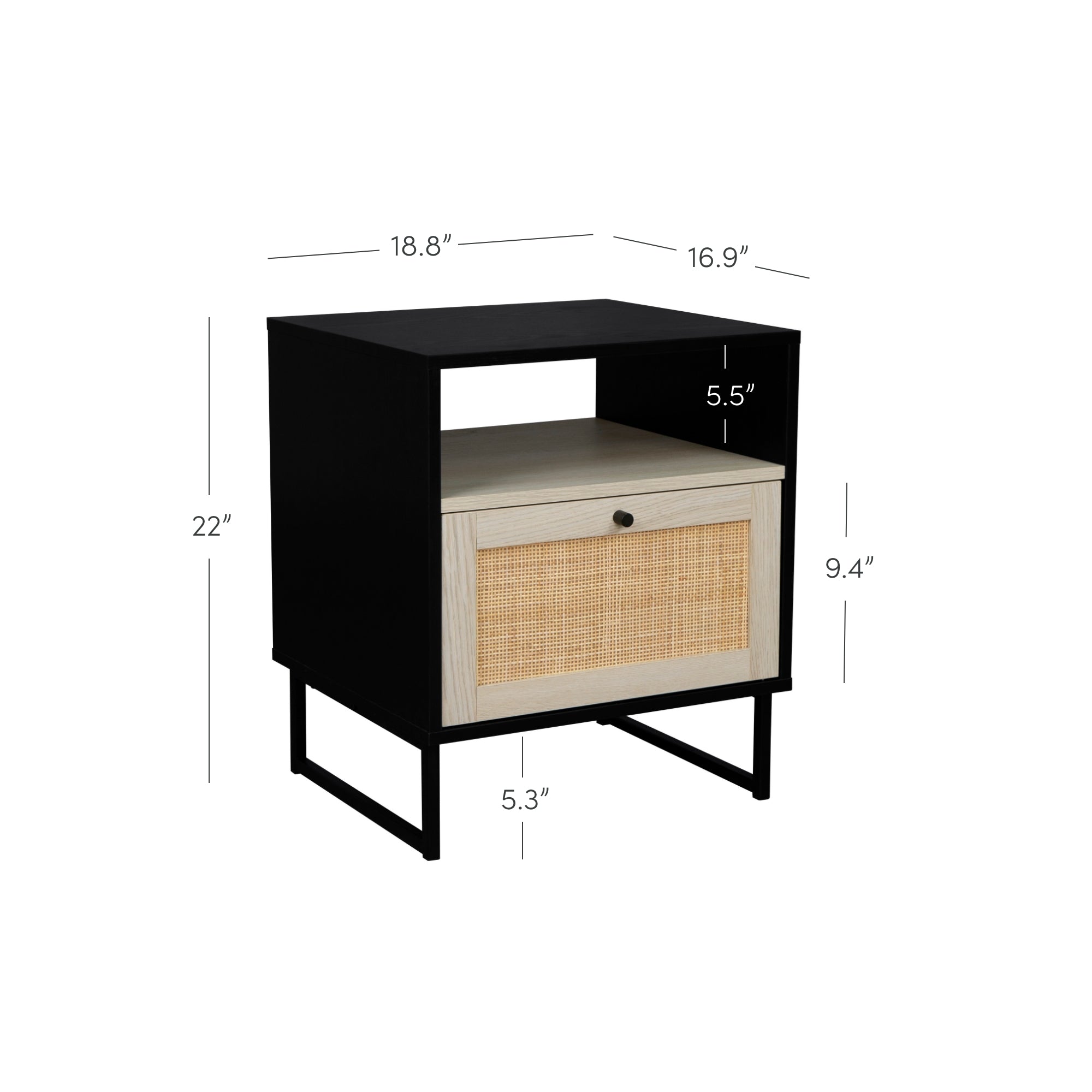 Black and wood nightstand with open shelf and rattan-front drawer; overall height 22, width 18.8, depth 16.9. Shelf height 5.5, drawer height 9.4, drawer base 5.3 from floor.