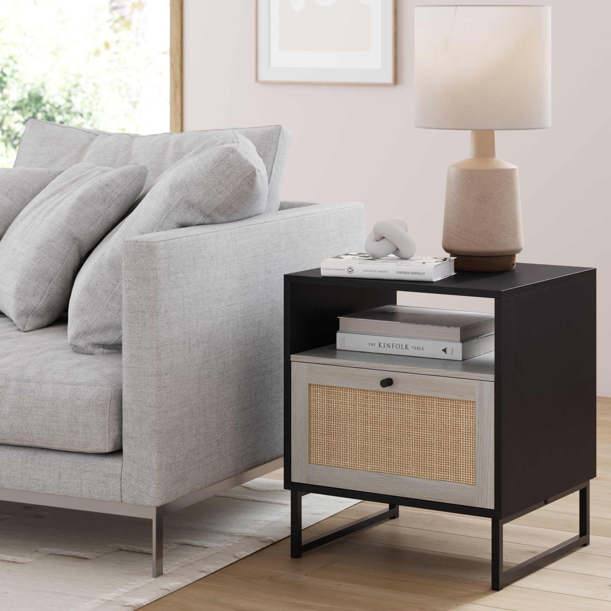 Rattan & Wood Storage Nightstand Black - Nathan James