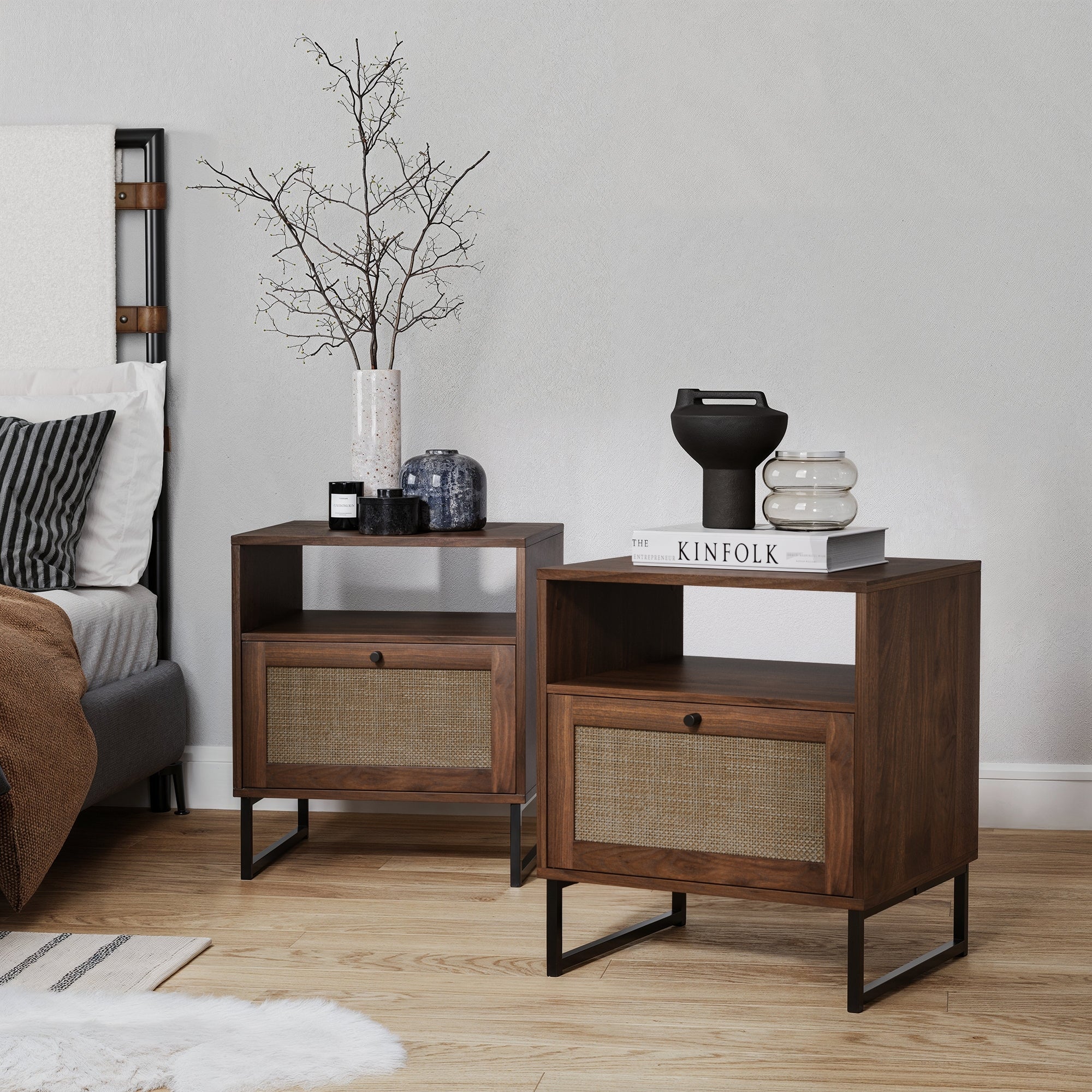 Rattan & Wood Storage Nightstands Walnut (Set of 2) - Nathan James