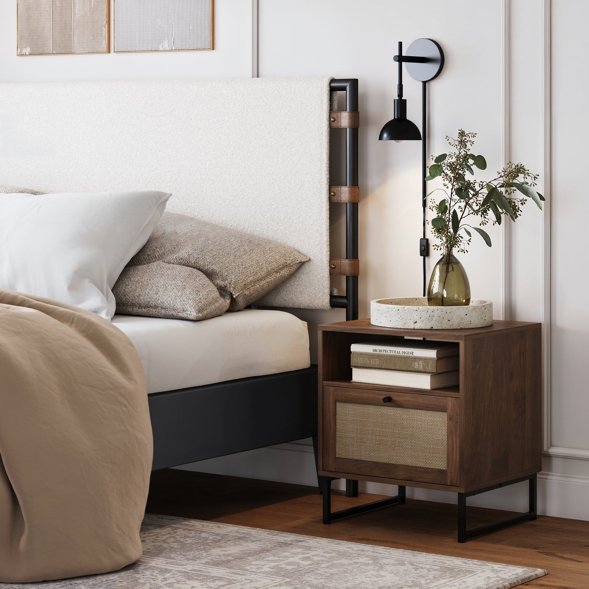 Rattan & Wood Storage Nightstand Walnut - Nathan James