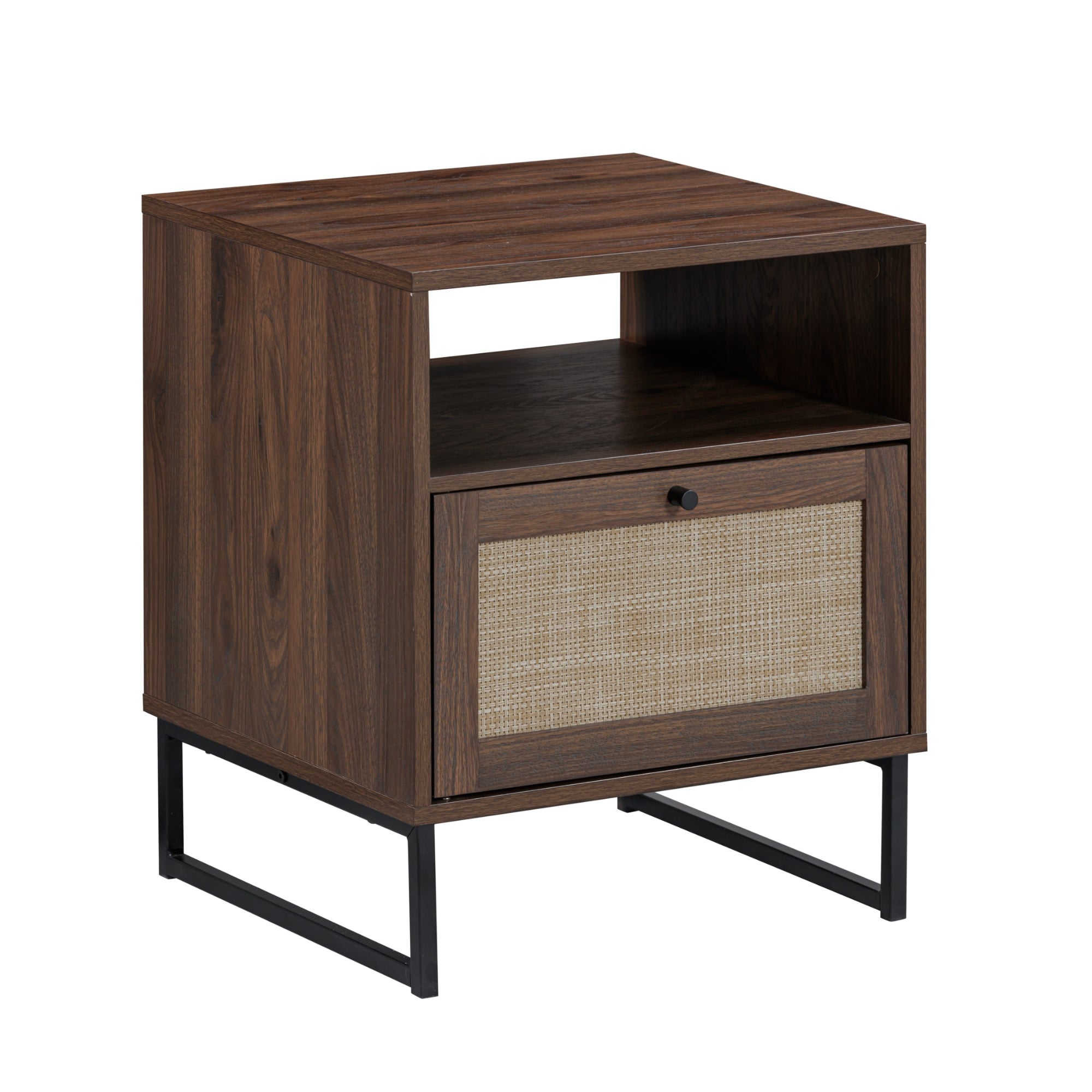 A modern wooden nightstand with a dark finish, black metal legs, an open shelf, and a single drawer featuring a woven rattan front and a round knob.