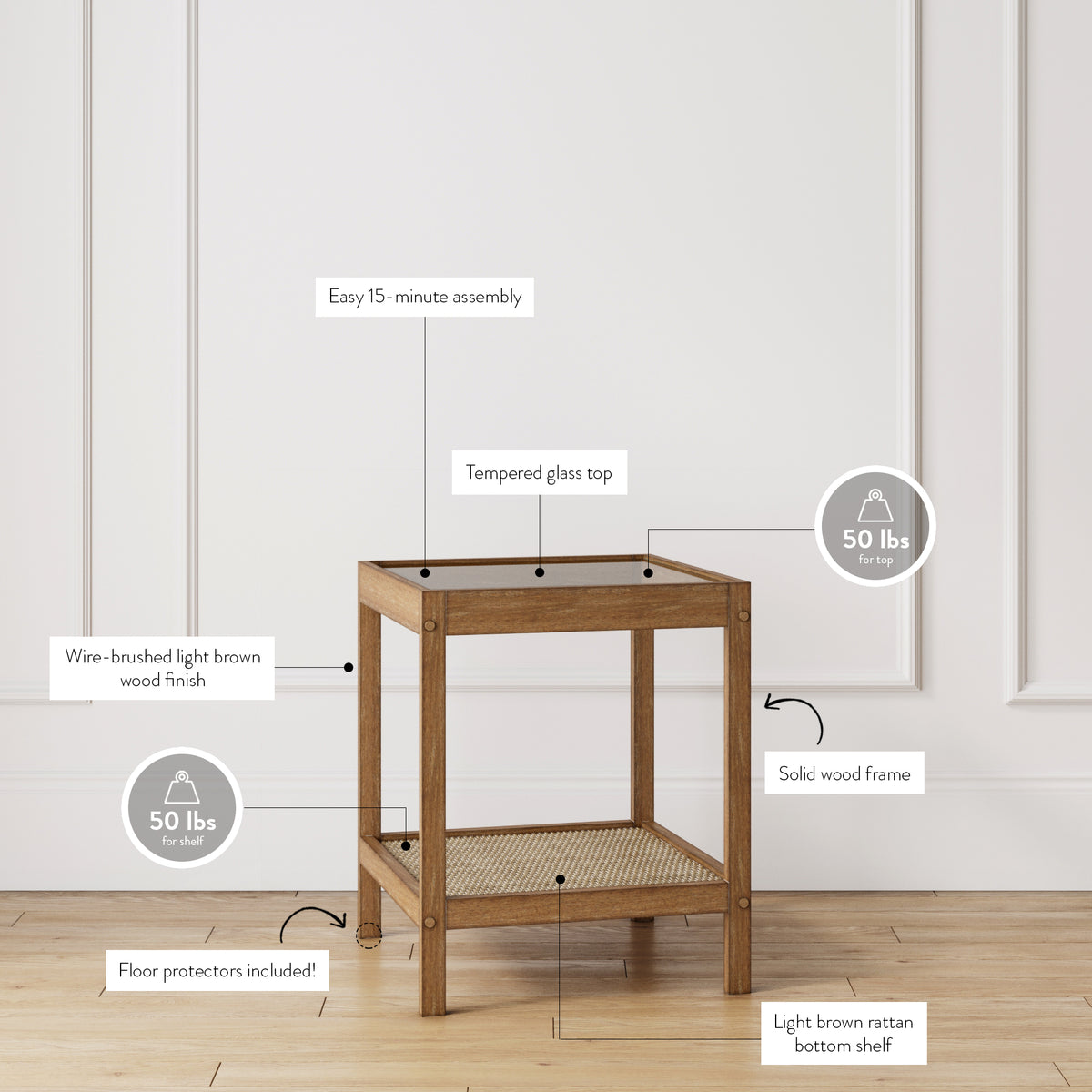 Modern Rattan & Wood Nightstand Glass Top Brown - Nathan James