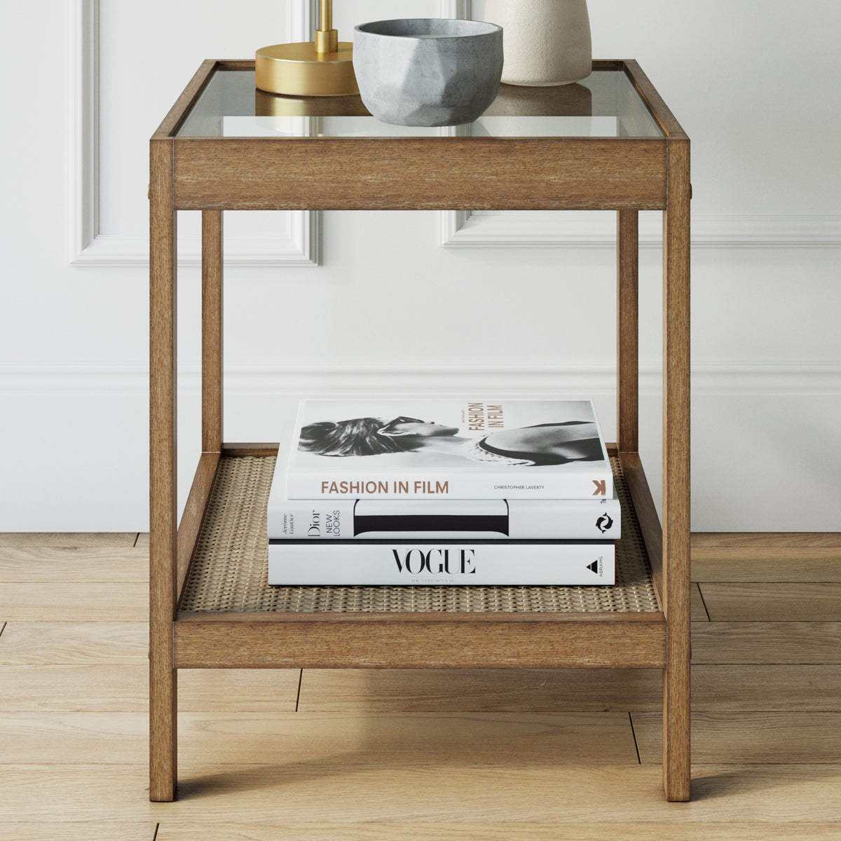 Modern Rattan & Wood Nightstand Glass Top Brown - Nathan James