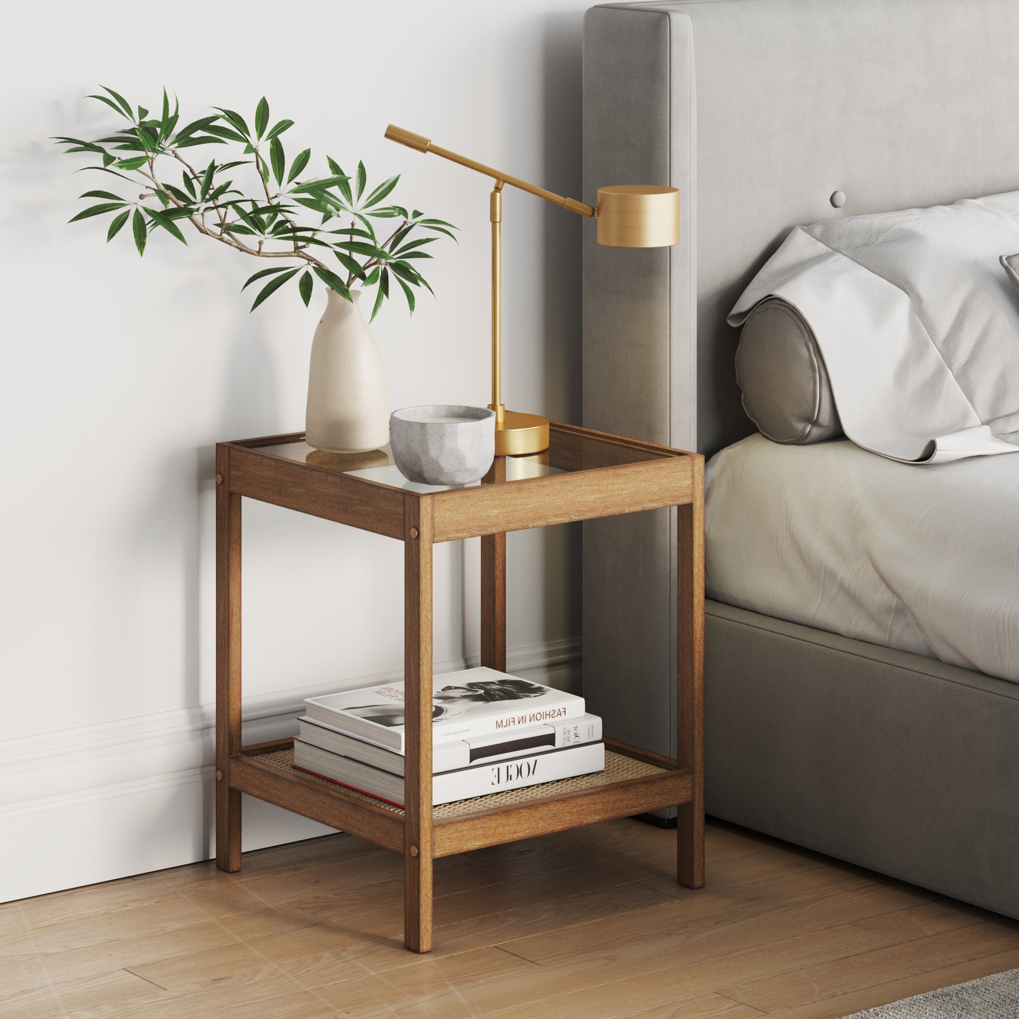 Solid Wood, Rattan & Glass Top End Table - Nathan James