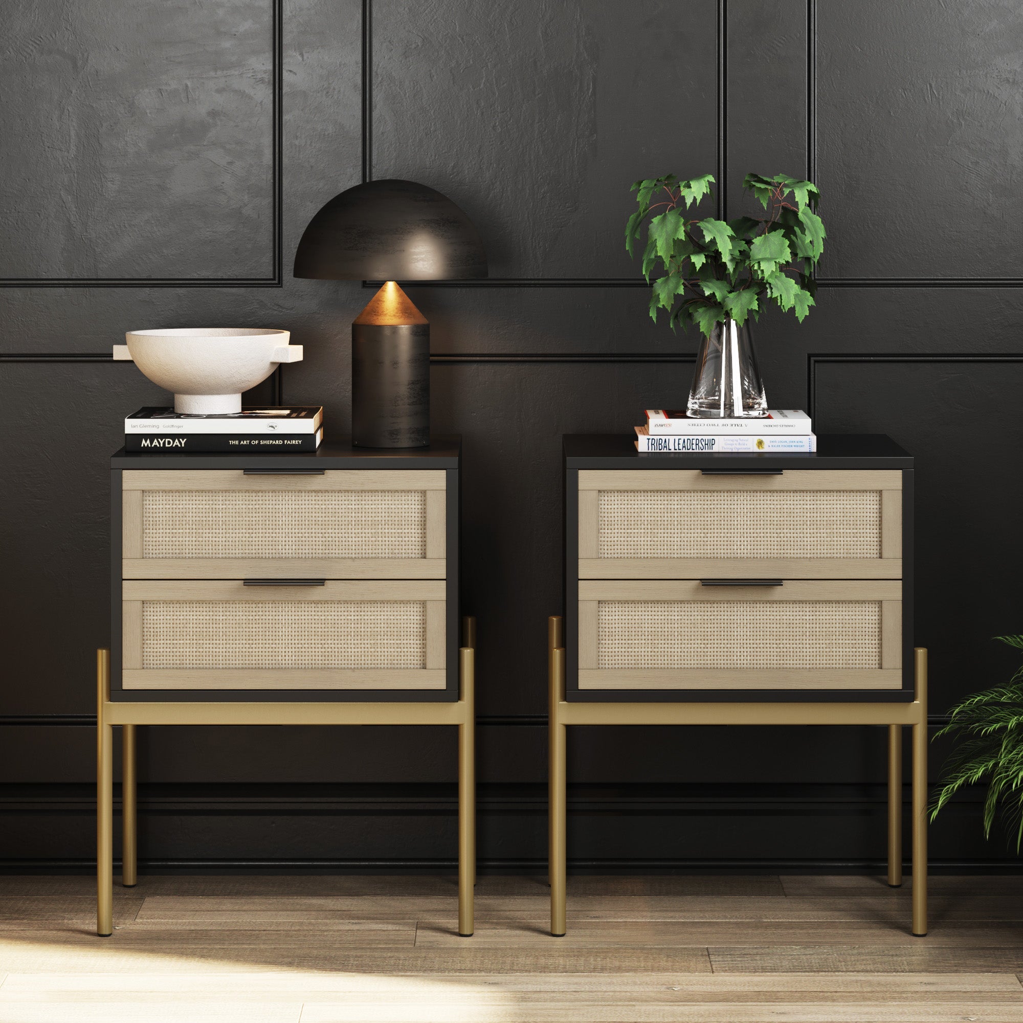 Wood & Rattan Nightstands Black (Set of 2) - Nathan James