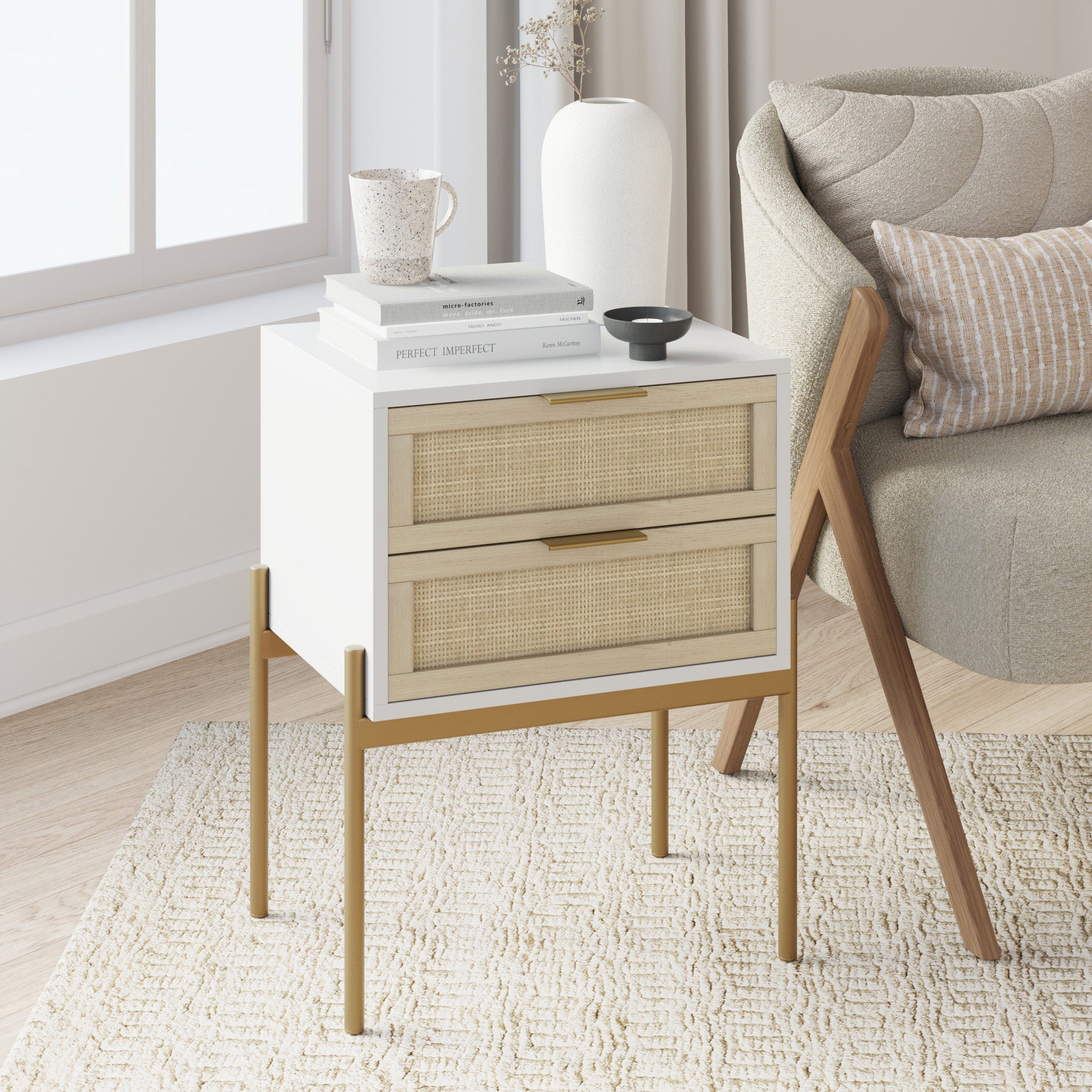 Wood & Rattan 2 - Drawer Nightstand White - Nathan James
