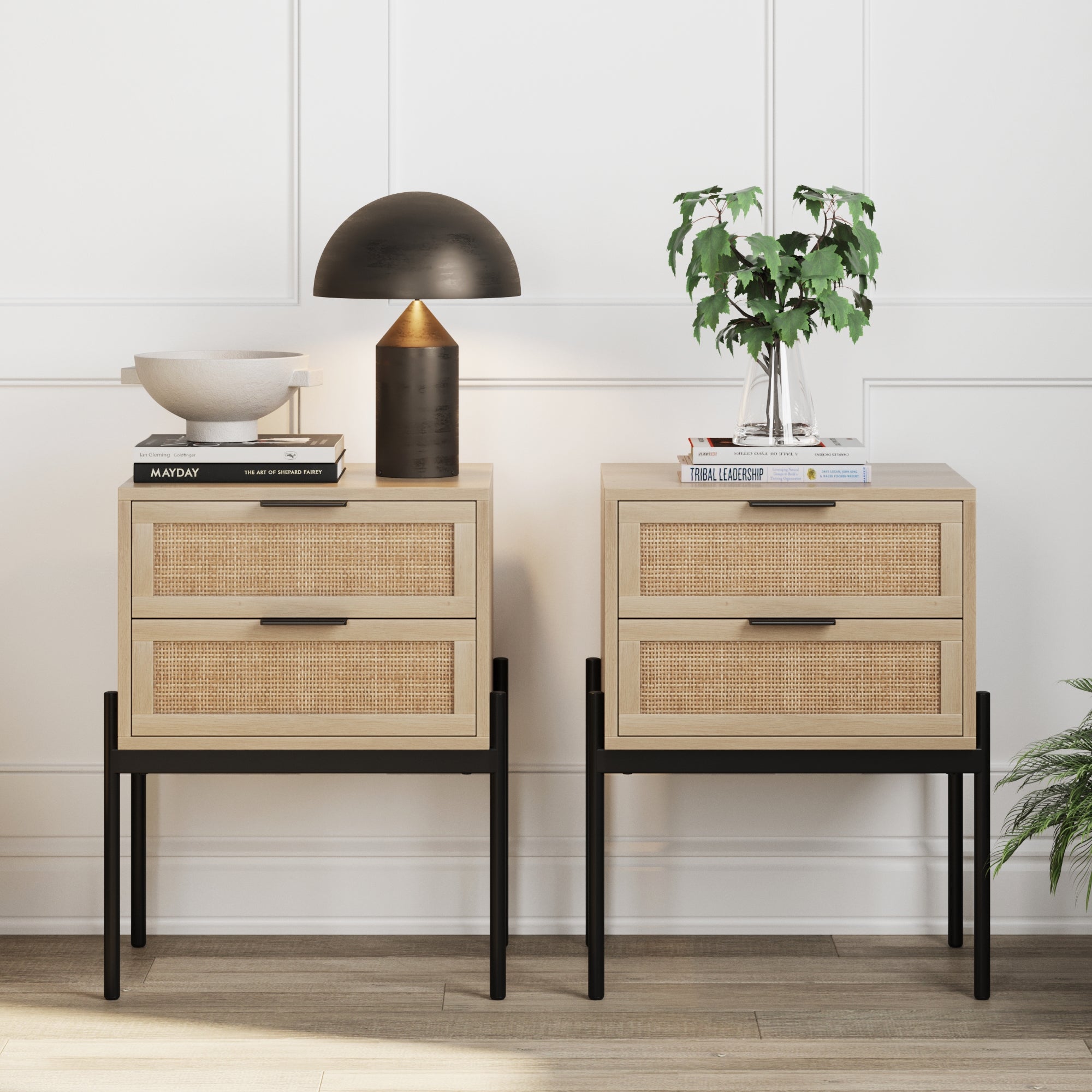 Wood & Rattan Nightstands Light Oak (Set of 2) - Nathan James