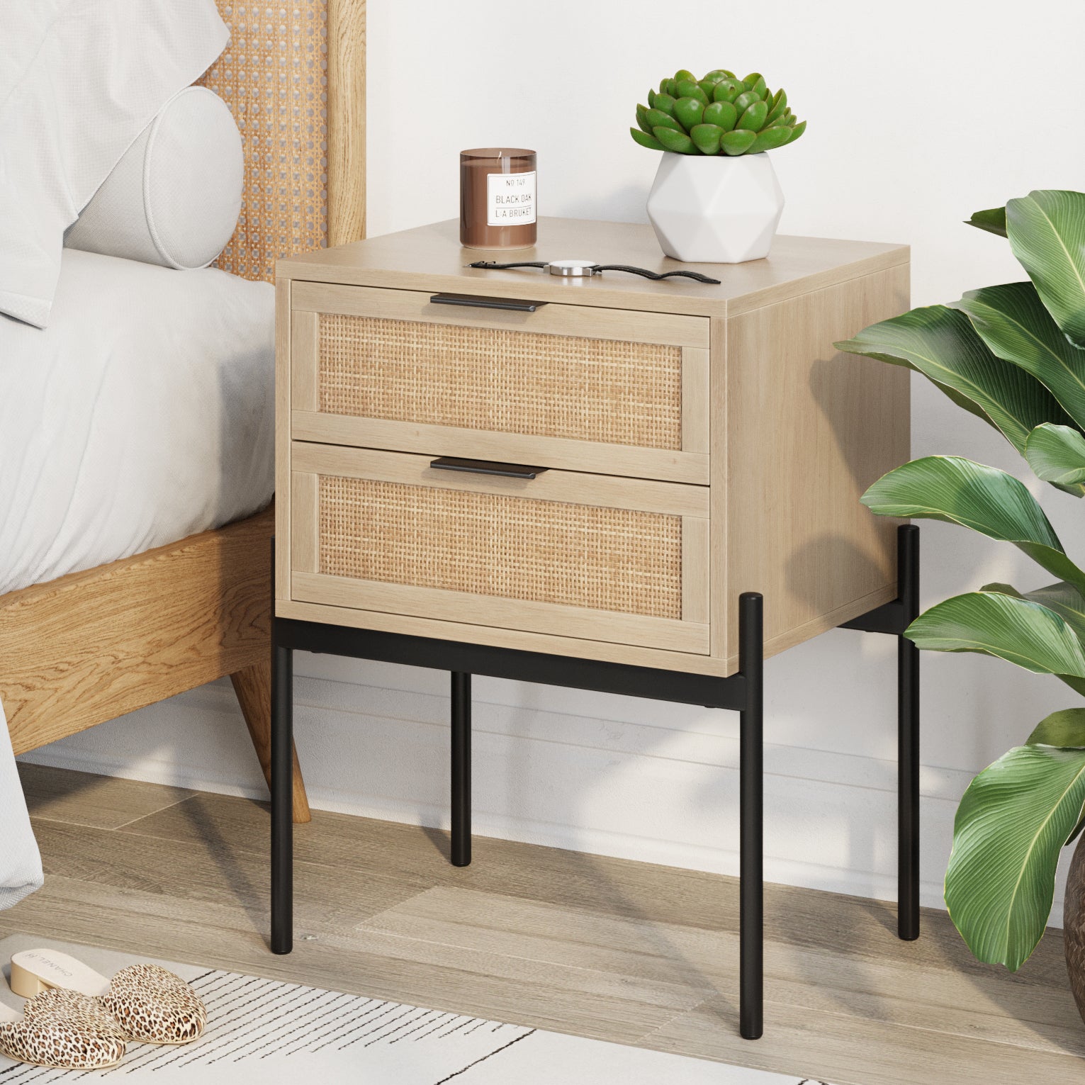 Wood & Rattan 2 - Drawer Nightstand Light Oak - Nathan James