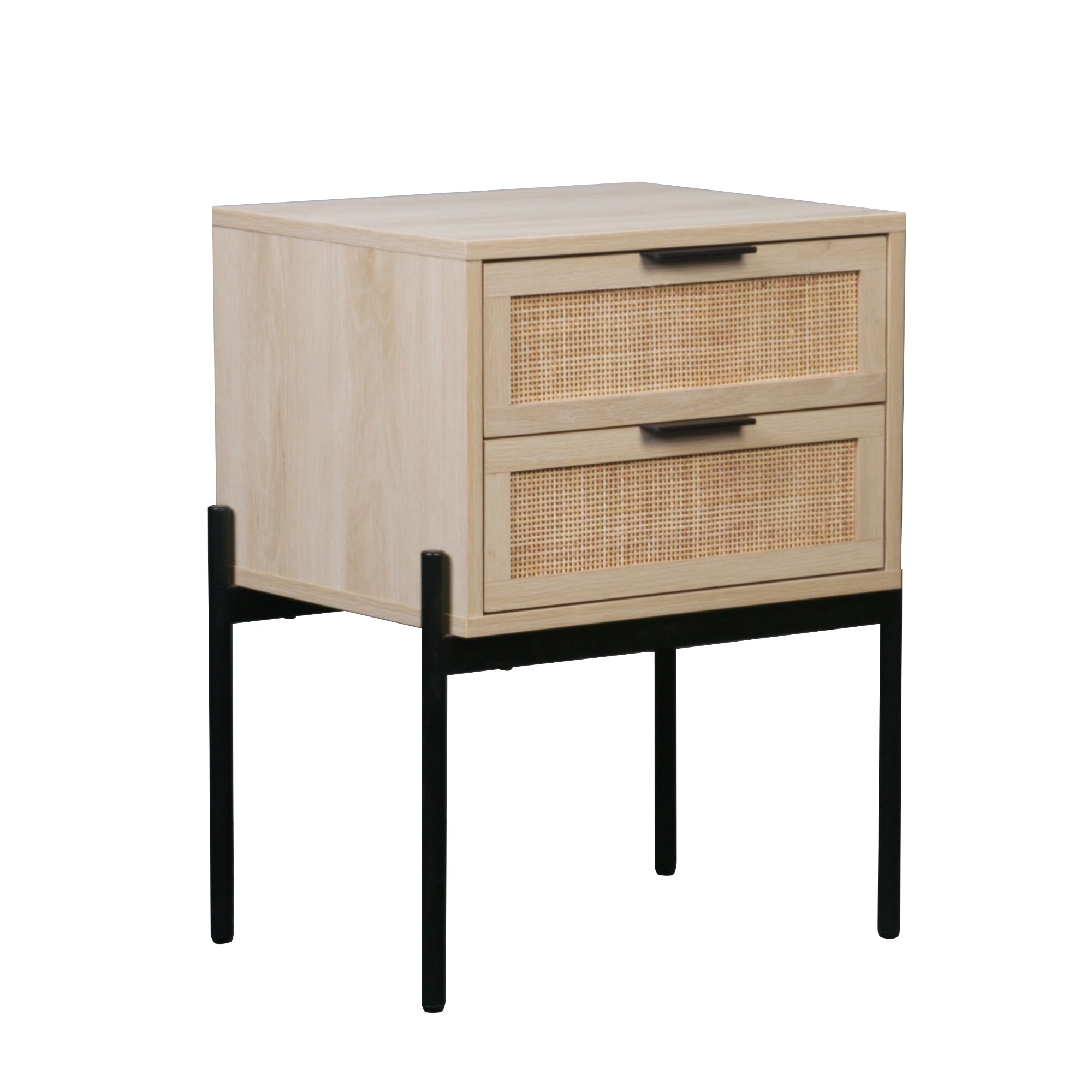 A modern nightstand with light wood finish, two rattan-front drawers, dark metal handles, and slender black metal legs.