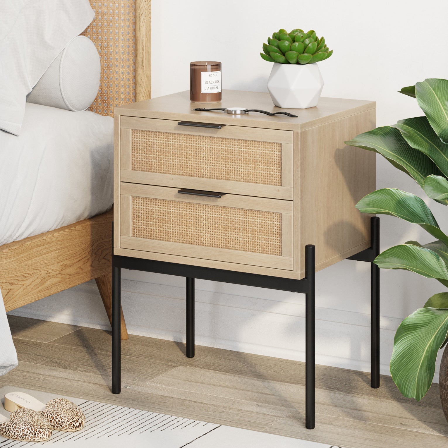 Wood & Rattan 2-Drawer Nightstand Light Oak - Nathan James