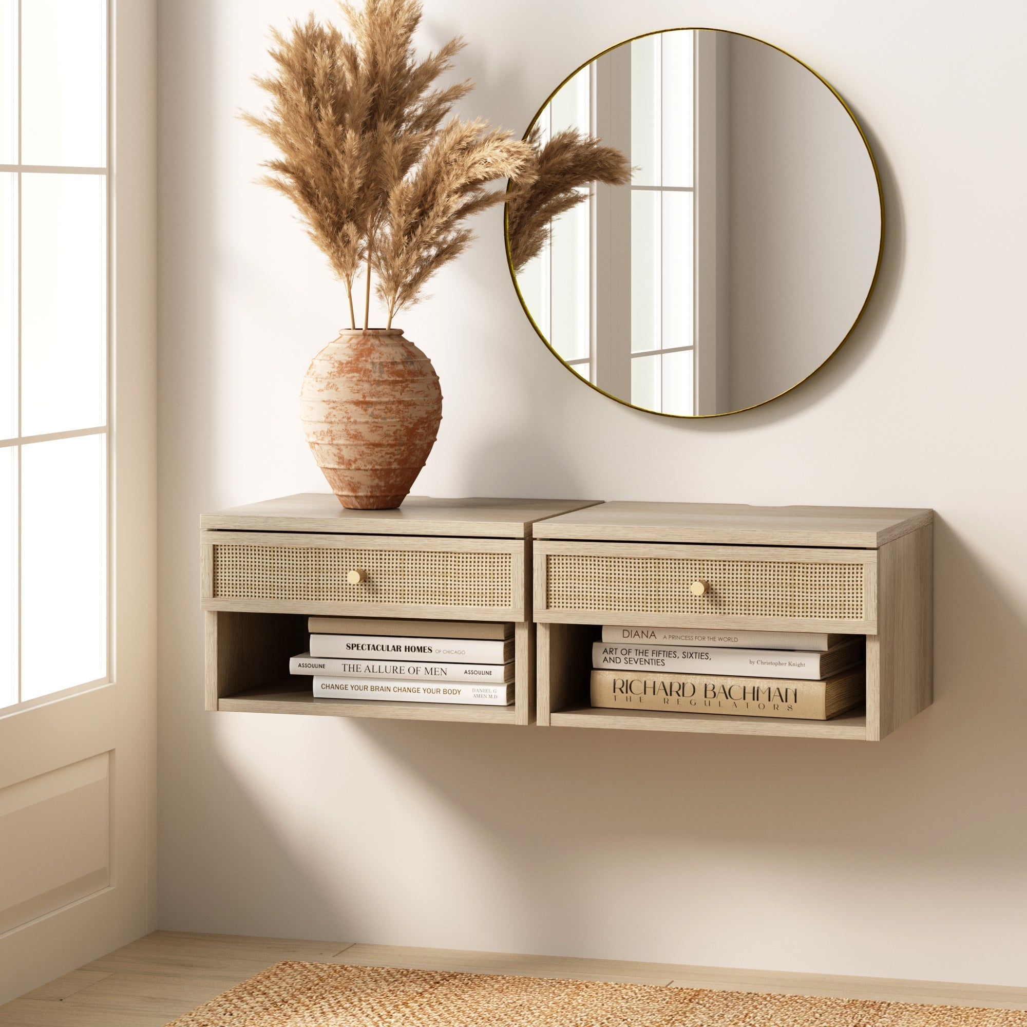 Rattan Floating Nightstand Light Oak (Set of 2) - Nathan James