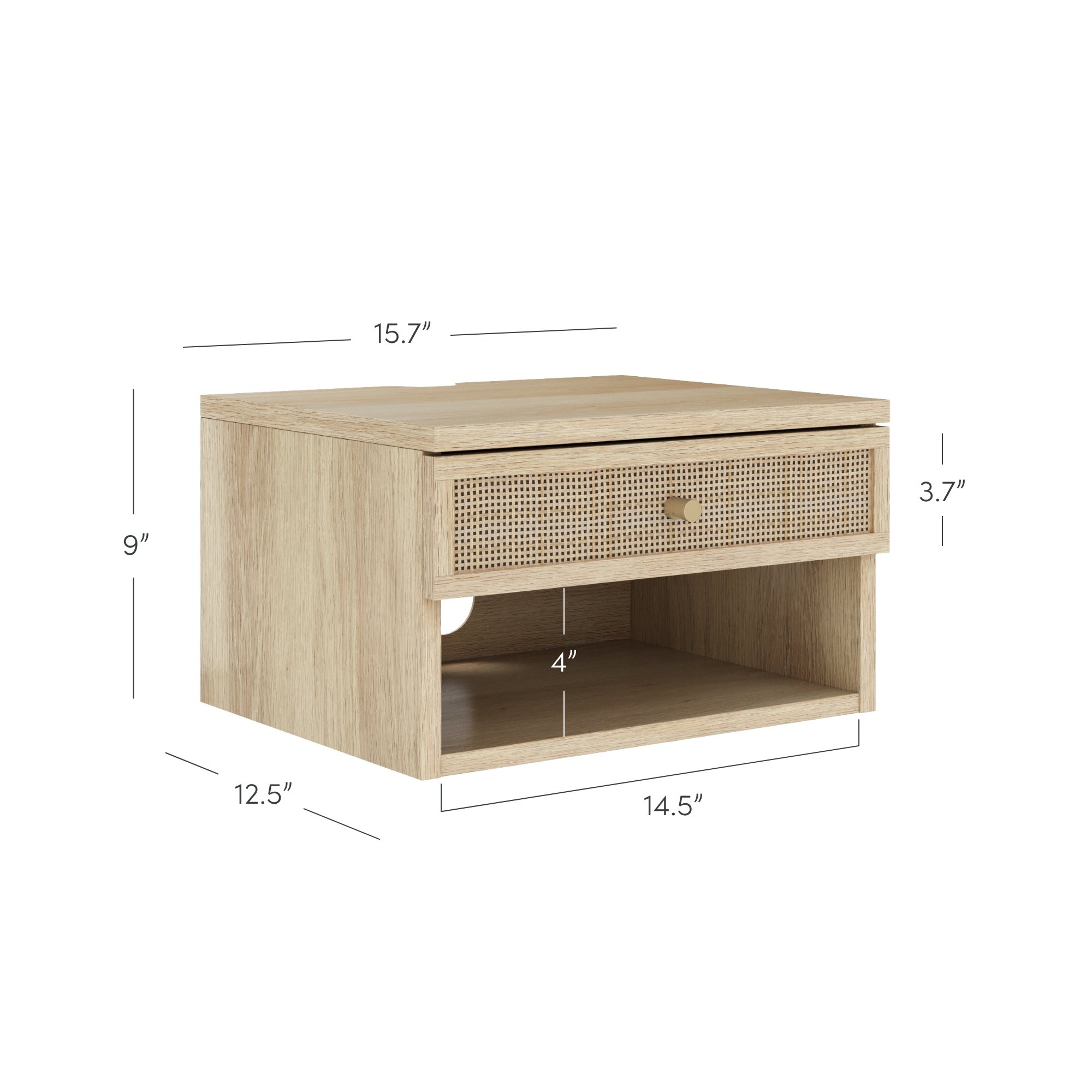 A light wood nightstand with one rattan-front drawer above an open shelf. The nightstands dimensions are labeled: 15.7 wide, 12.5 deep, 9 tall, with the drawer 3.7 tall and the open shelf 4 tall by 14.5 wide.