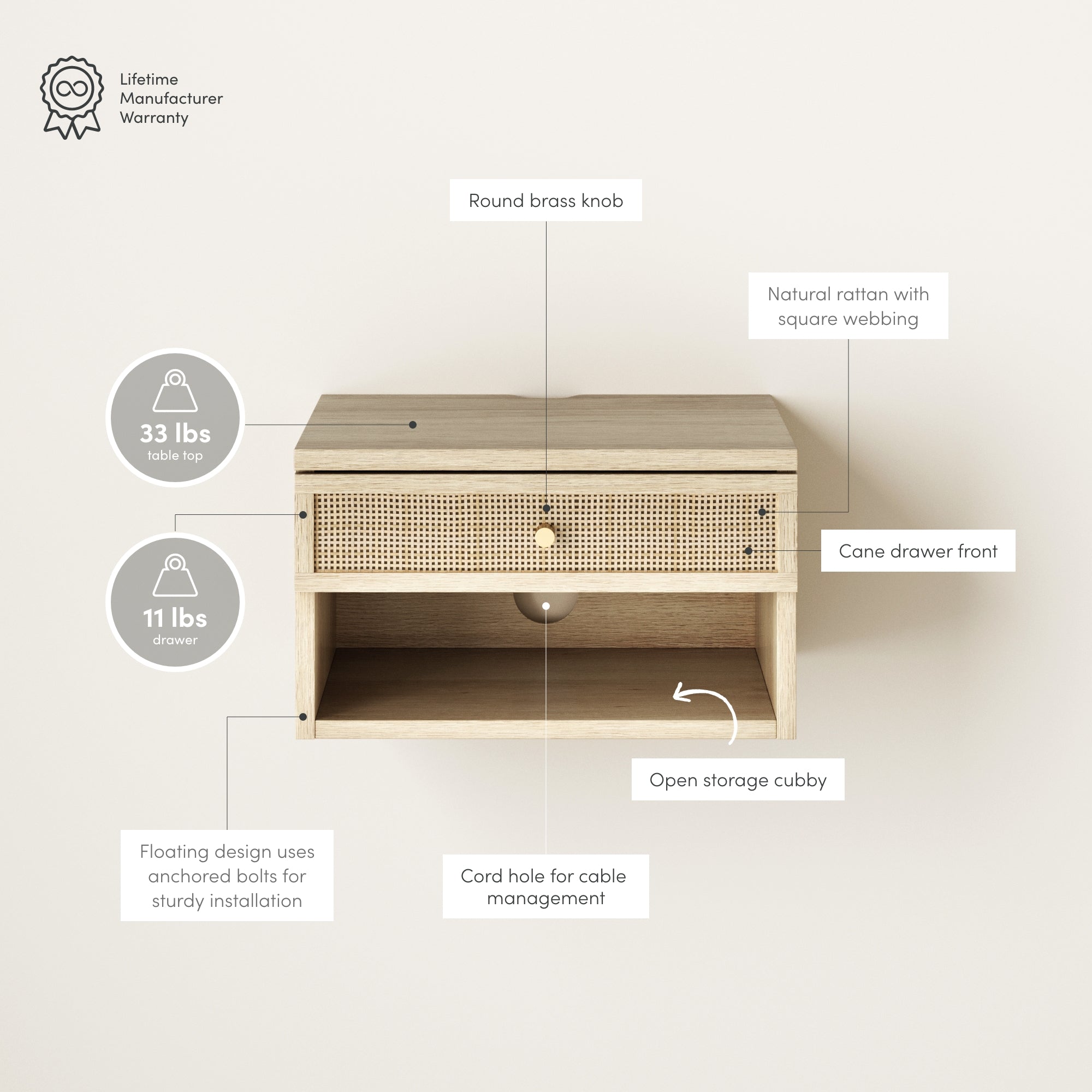 Wall-mounted wooden shelf with a cane-front drawer, brass knob, open cubby, and cable management hole. Text highlights features like weight limits, floating design, and square woven rattan details.