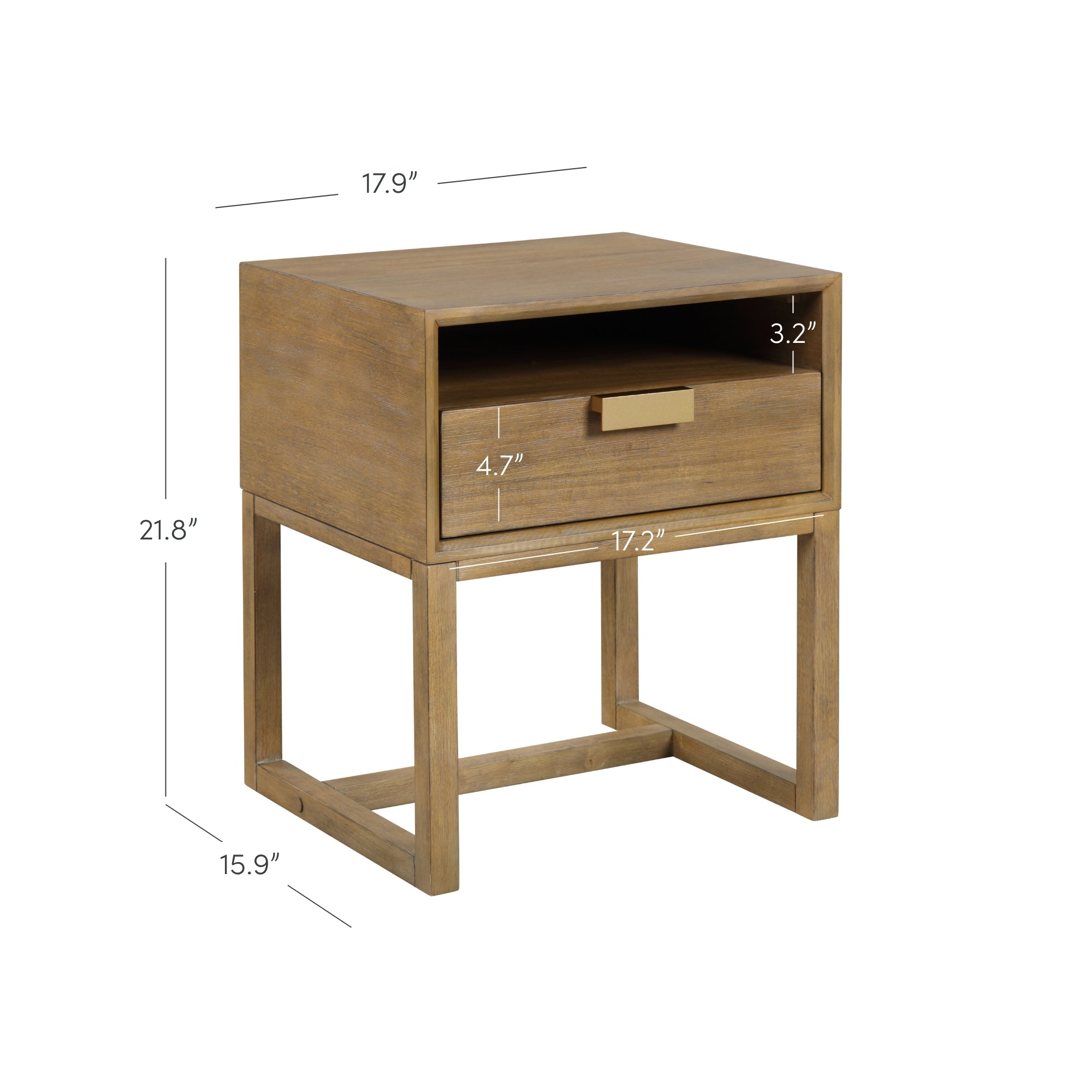 A wooden nightstand with an open shelf and a single drawer, shown with dimensions: 21.8 high, 17.9 wide, and 15.9 deep. Drawer dimensions are also labeled. The nightstand has a rectangular base.