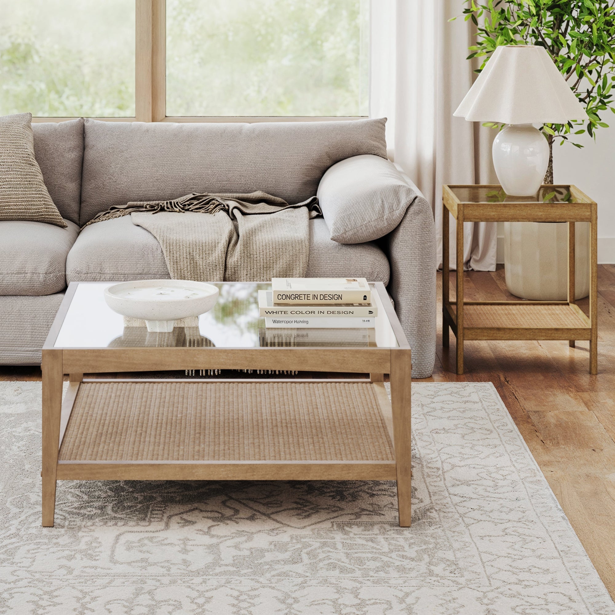 Glass Coffee Table & End Table Set with Rattan Shelf - Nathan James