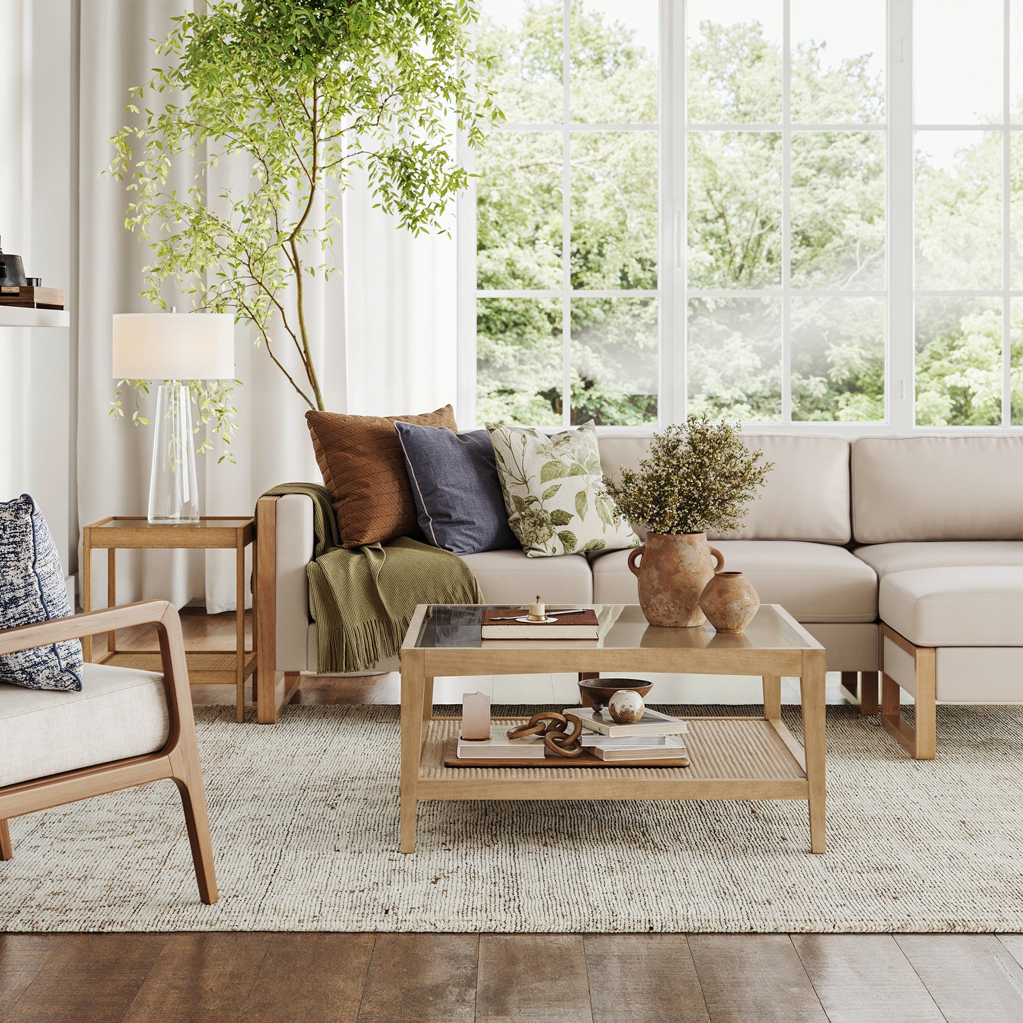Glass Coffee Table & End Table Set with Rattan Shelf - Nathan James