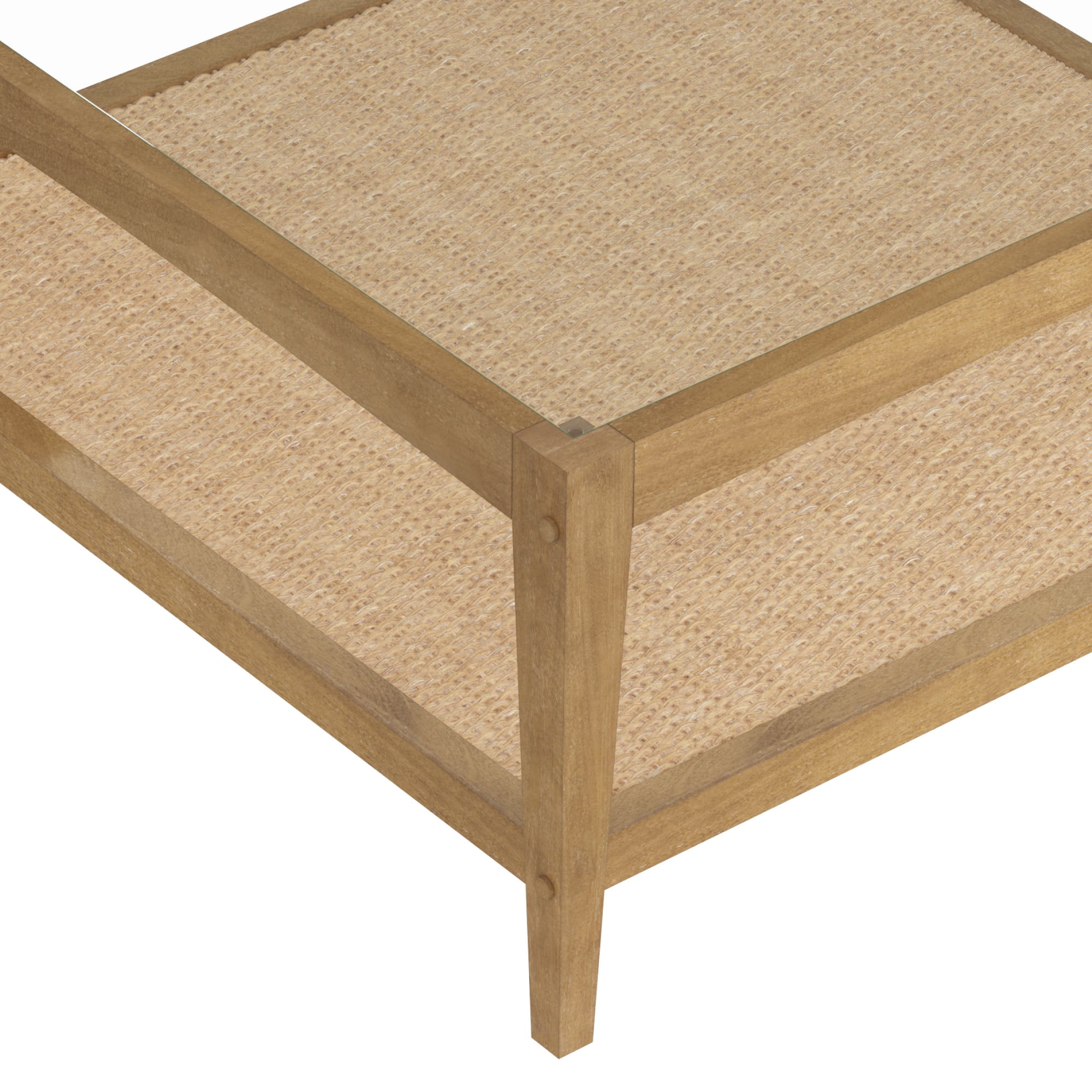 A close-up of a wooden table or shelf corner with a woven rattan or cane surface and sturdy frame, showing natural wood grain and simple, minimalist design.