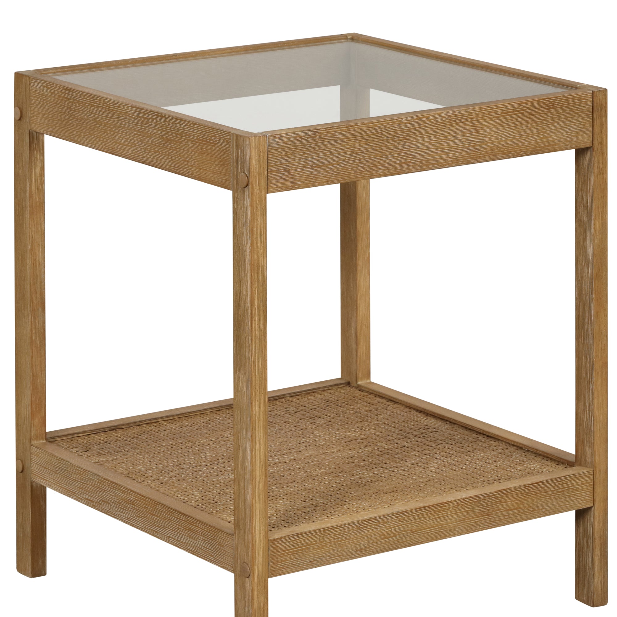 A square wooden side table with a glass top and a lower woven rattan shelf, featuring simple, straight legs and a minimalist design.
