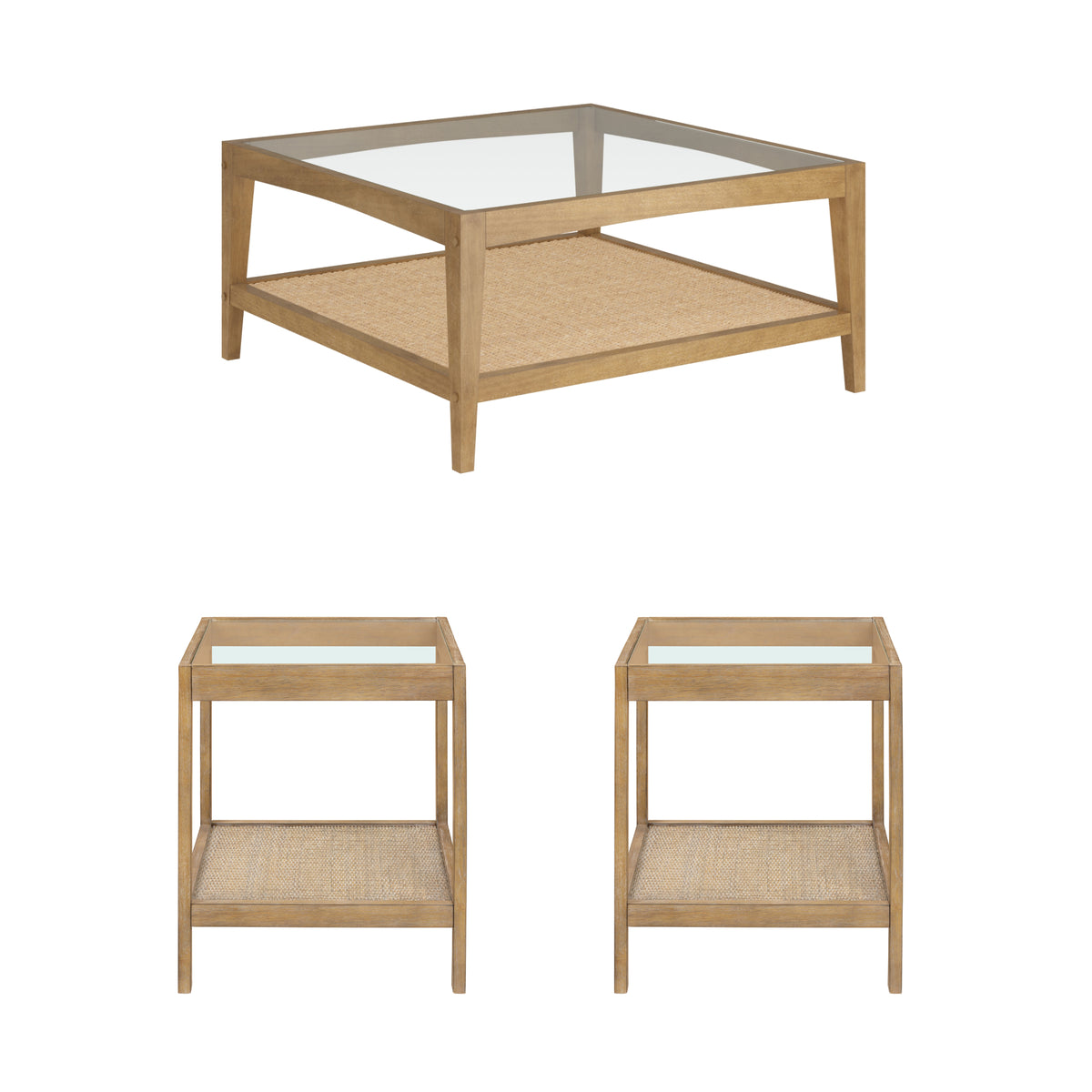 Square wooden coffee table with a glass top and woven lower shelf, shown from the front, side, and at an angle, against a white background.