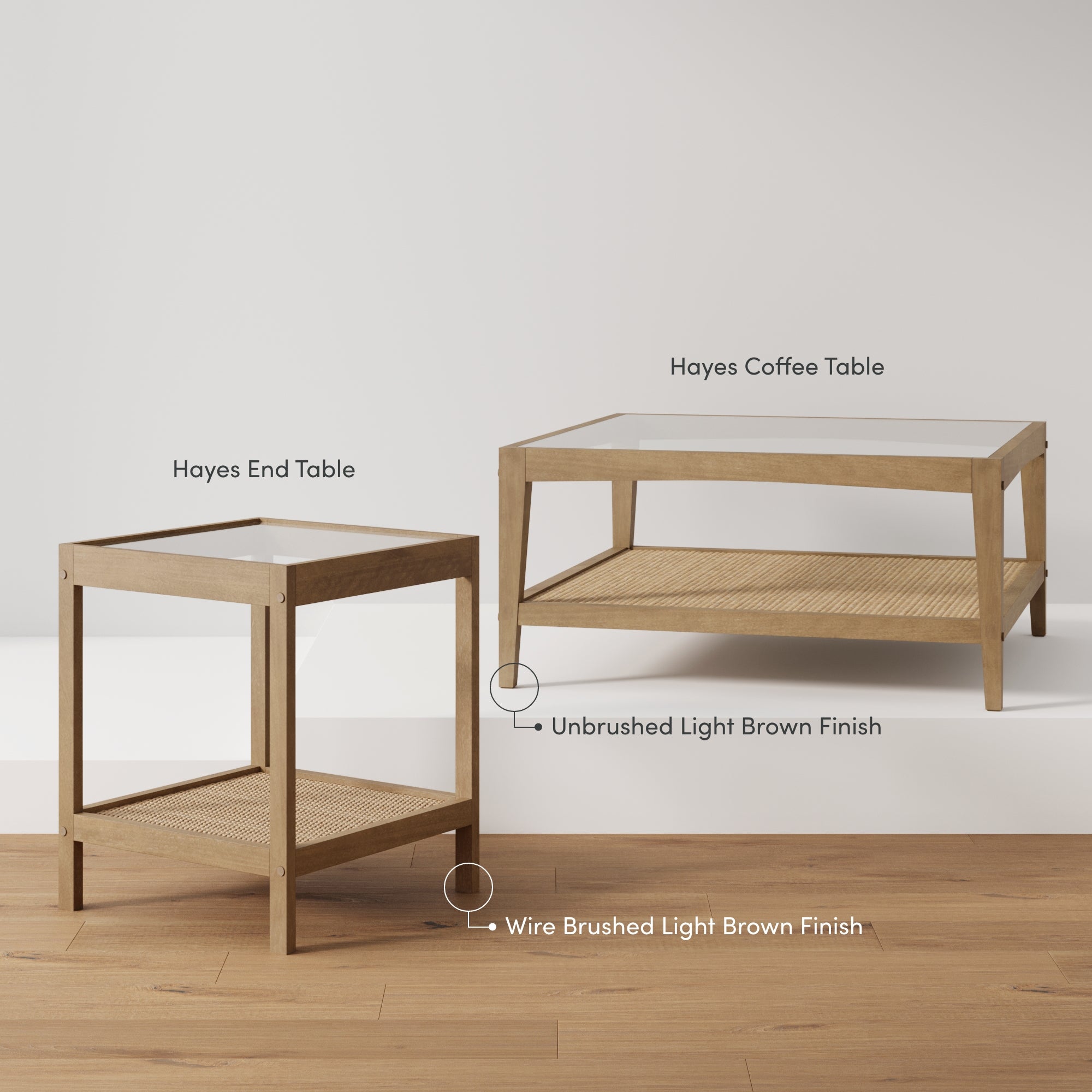 Two wooden tables—a smaller Hayes End Table and a larger Hayes Coffee Table—are shown. Both have light brown finishes and woven lower shelves, with labeled areas highlighting different wood textures and finishes.