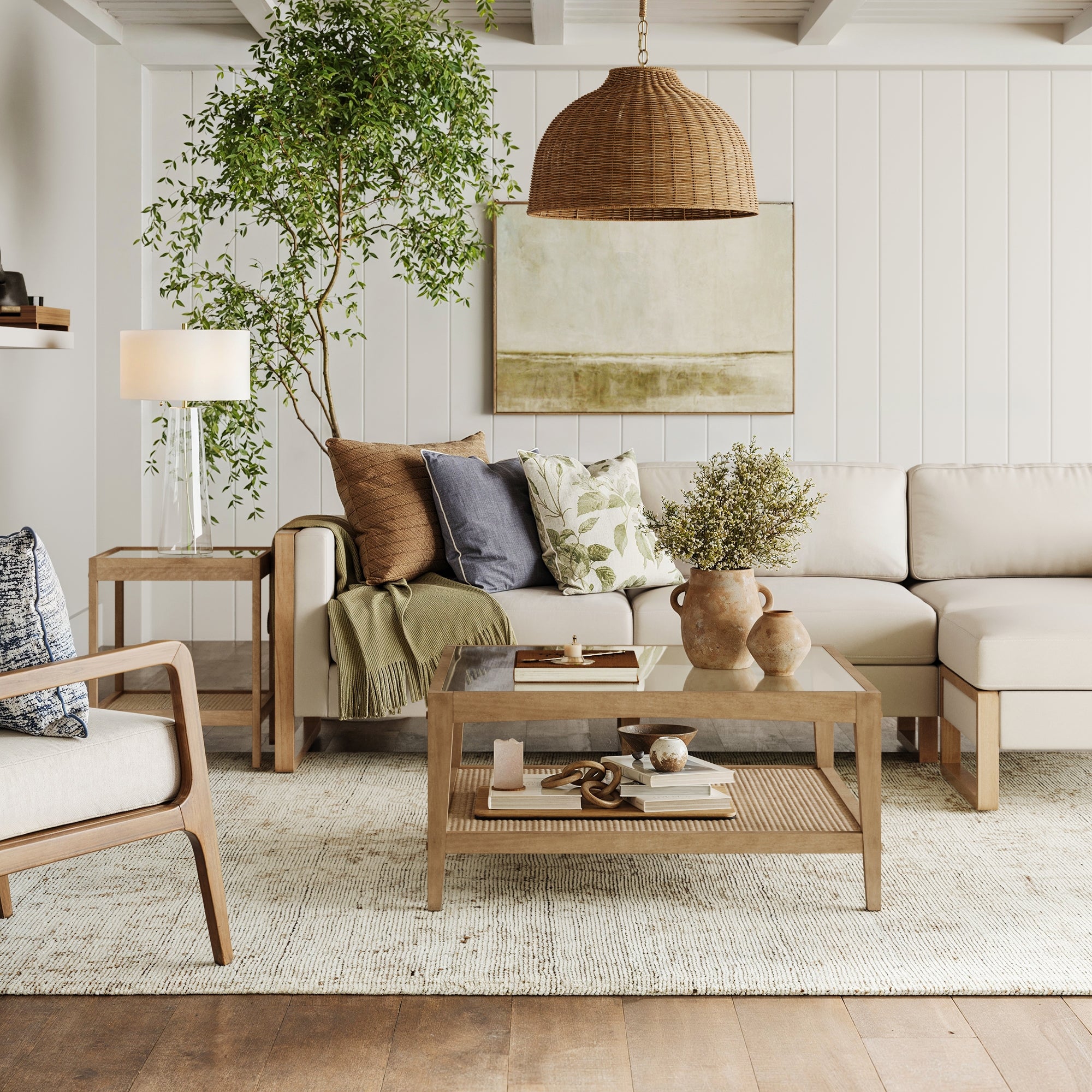 Square Glass & Rattan Coffee Table with Solid Wood Legs - Nathan James