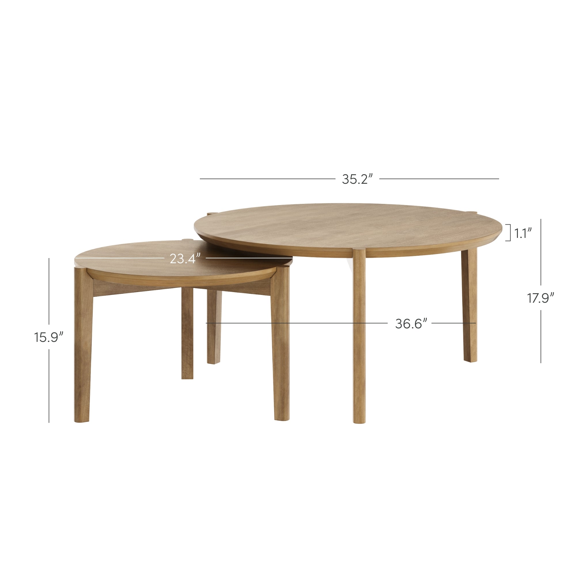Two round wooden nesting tables with light wood finish; the larger table is 36.6 wide and 17.9 tall, while the smaller is 23.4 wide and 15.9 tall. The tables are shown partially overlapping.