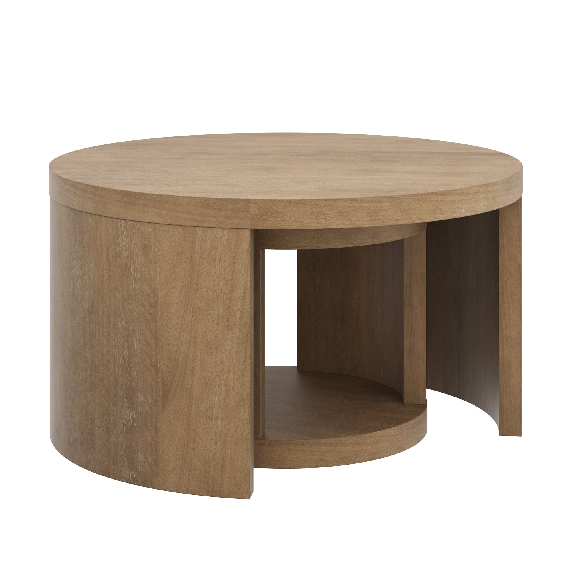 A round wooden coffee table with a flat top, a thick cylindrical base, and two open sections creating storage space underneath. The design is modern and minimalist.