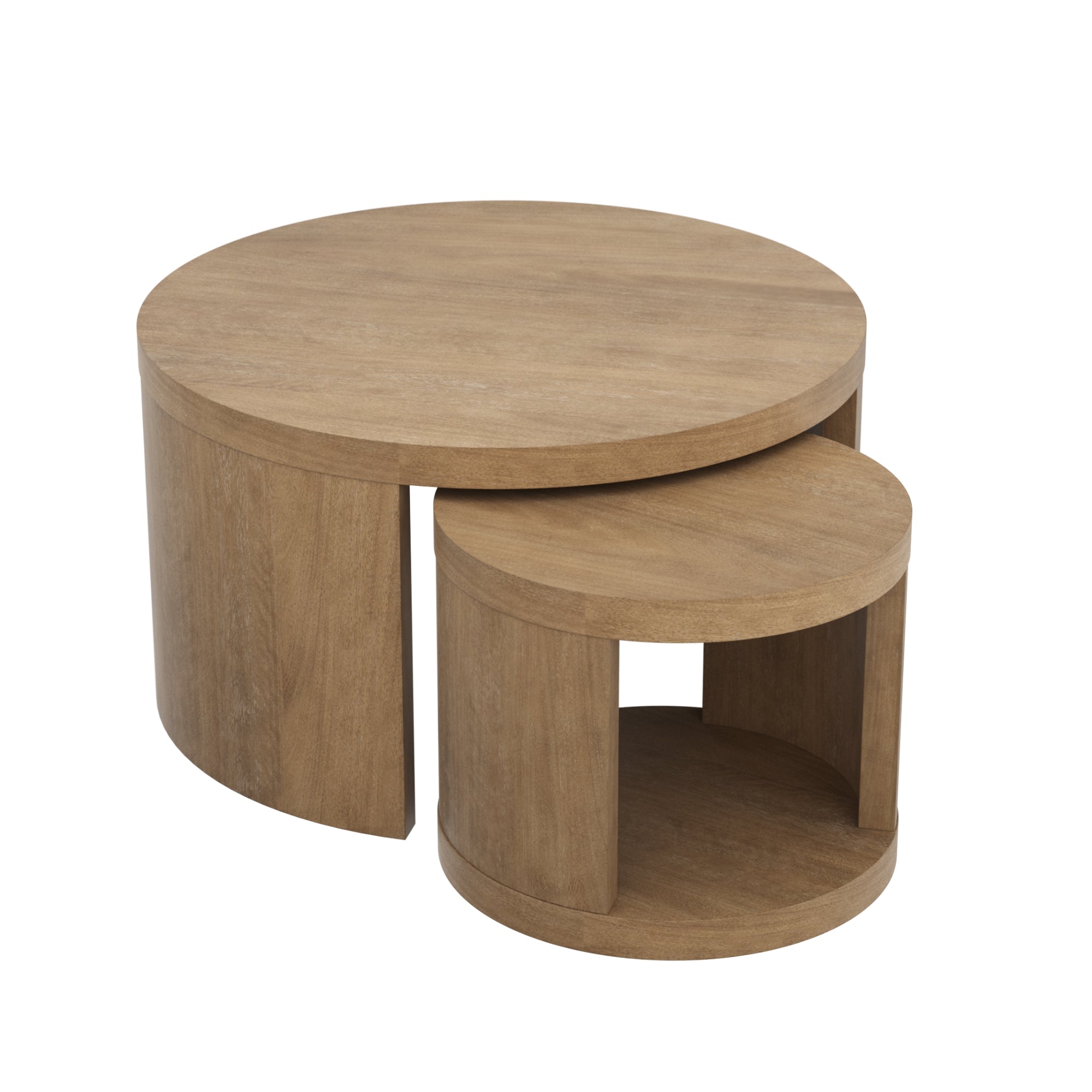 Round wooden nesting coffee tables with a light brown finish. The smaller table partially slides under the larger one, both featuring open semicircular bases.