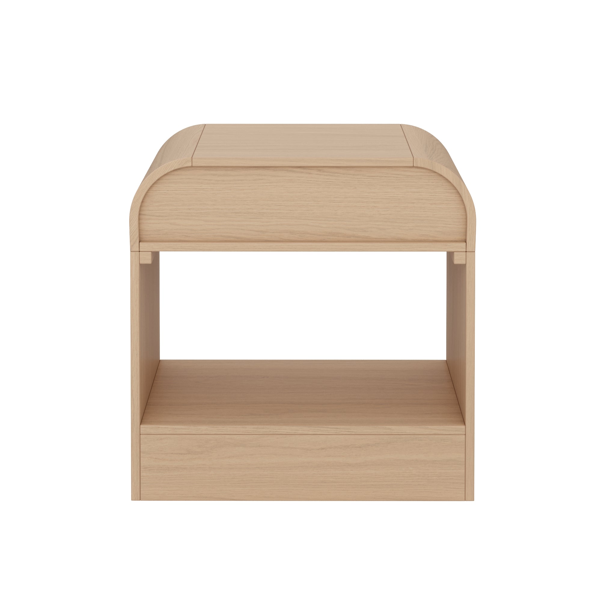 A light wood nightstand with a curved top, an open middle shelf, and a closed bottom section, shown against a white background.
