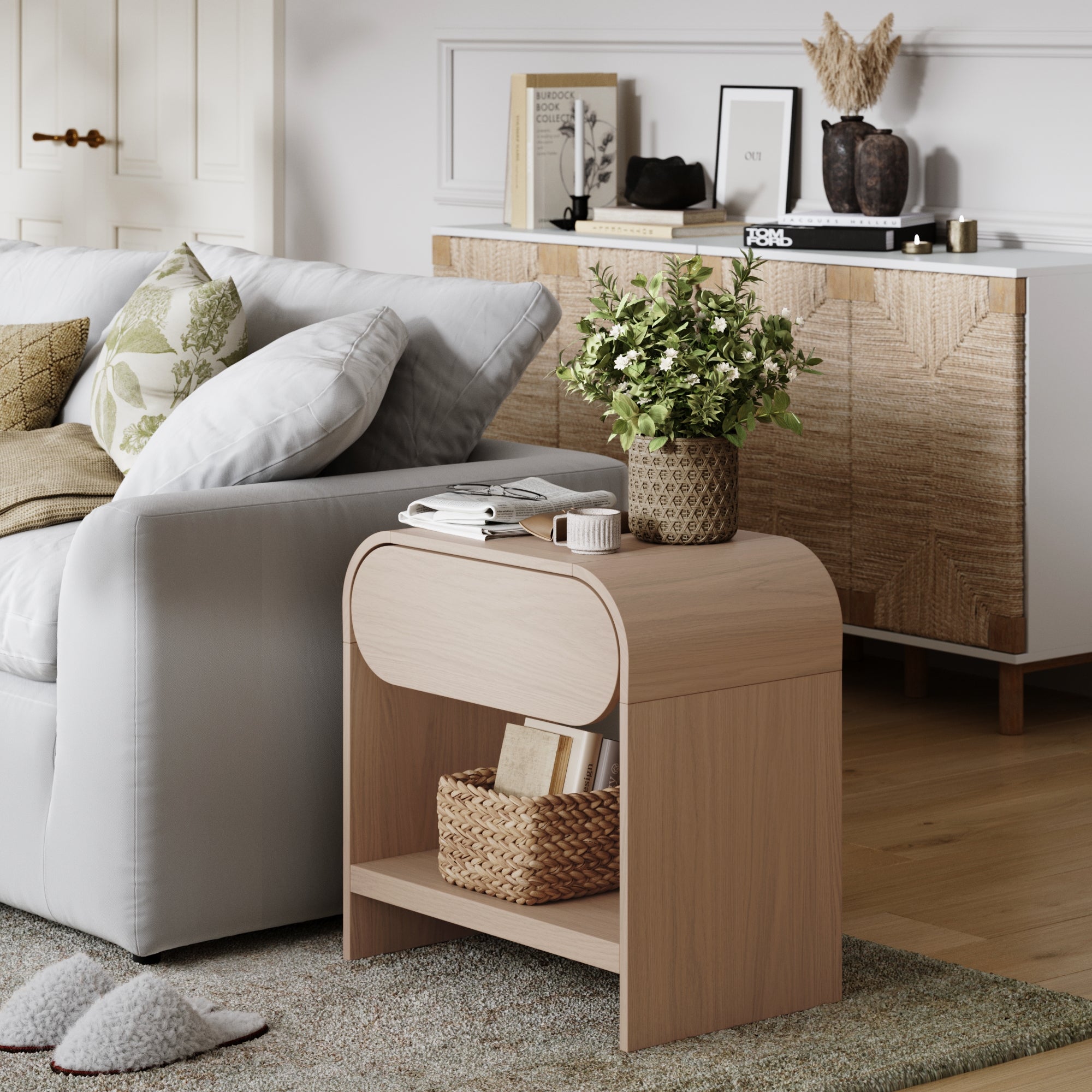 Mid - Century Wood Arched Nightstand Pale Oak - Nathan James