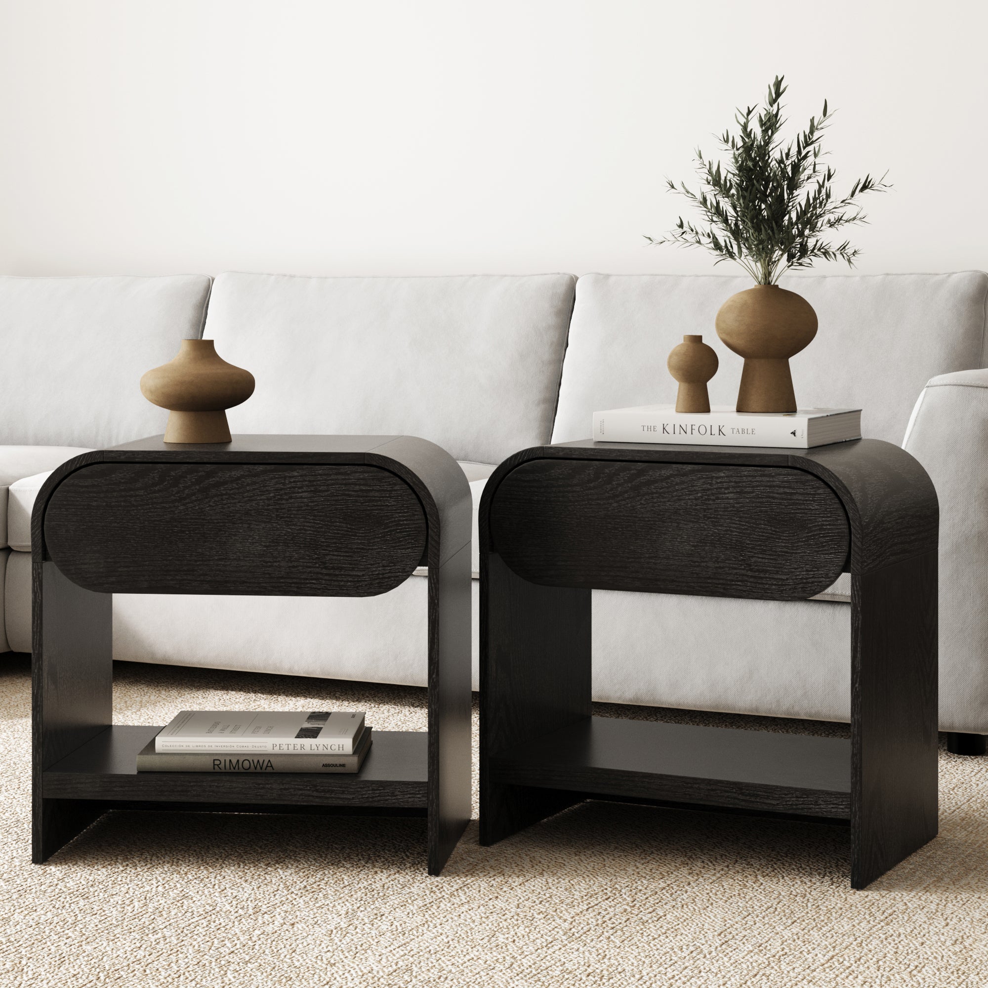 Mid - Century Wood Arched Nightstand Black Oak (Set of 2) - Nathan James
