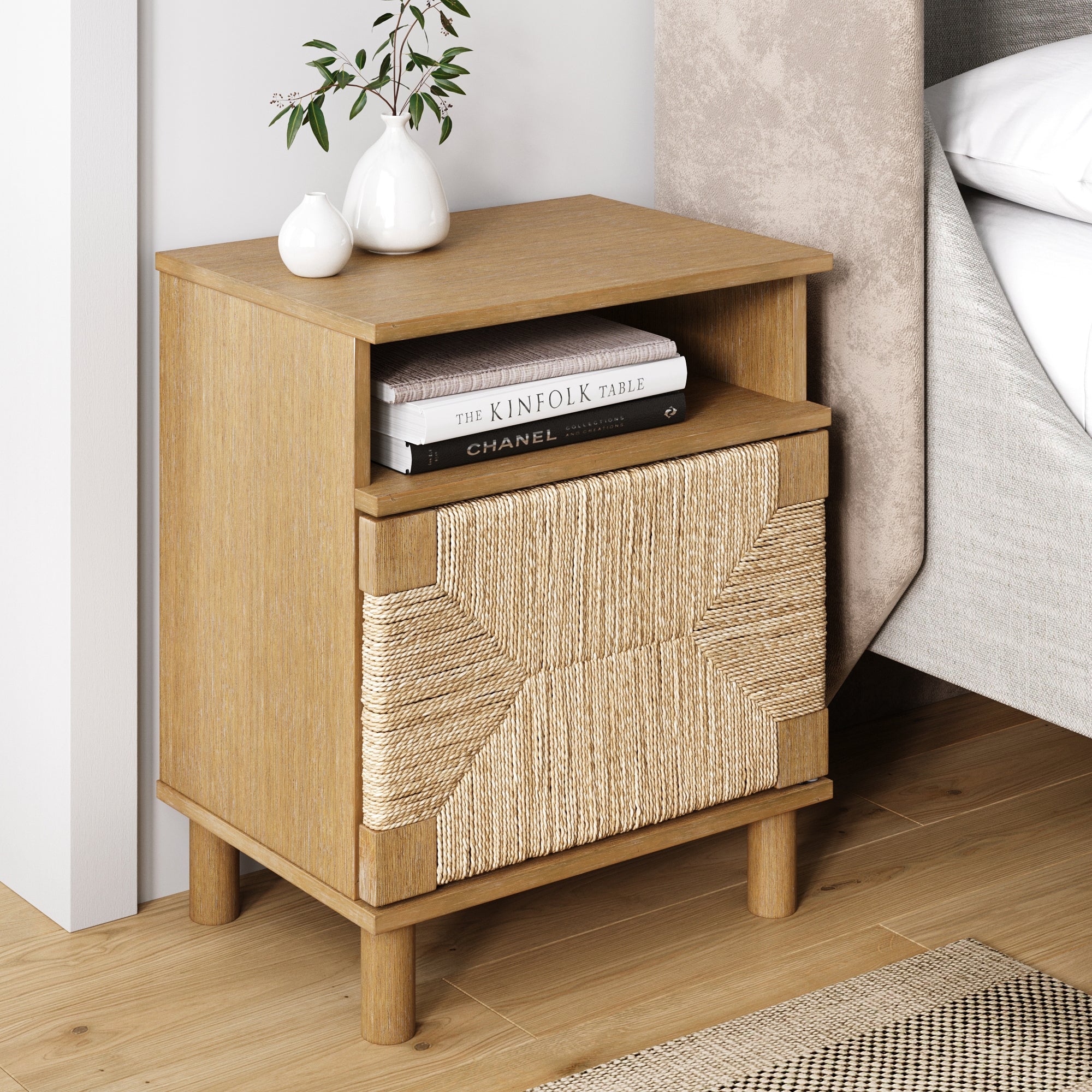 Boho Seagrass & Wood Storage Nightstand - Nathan James