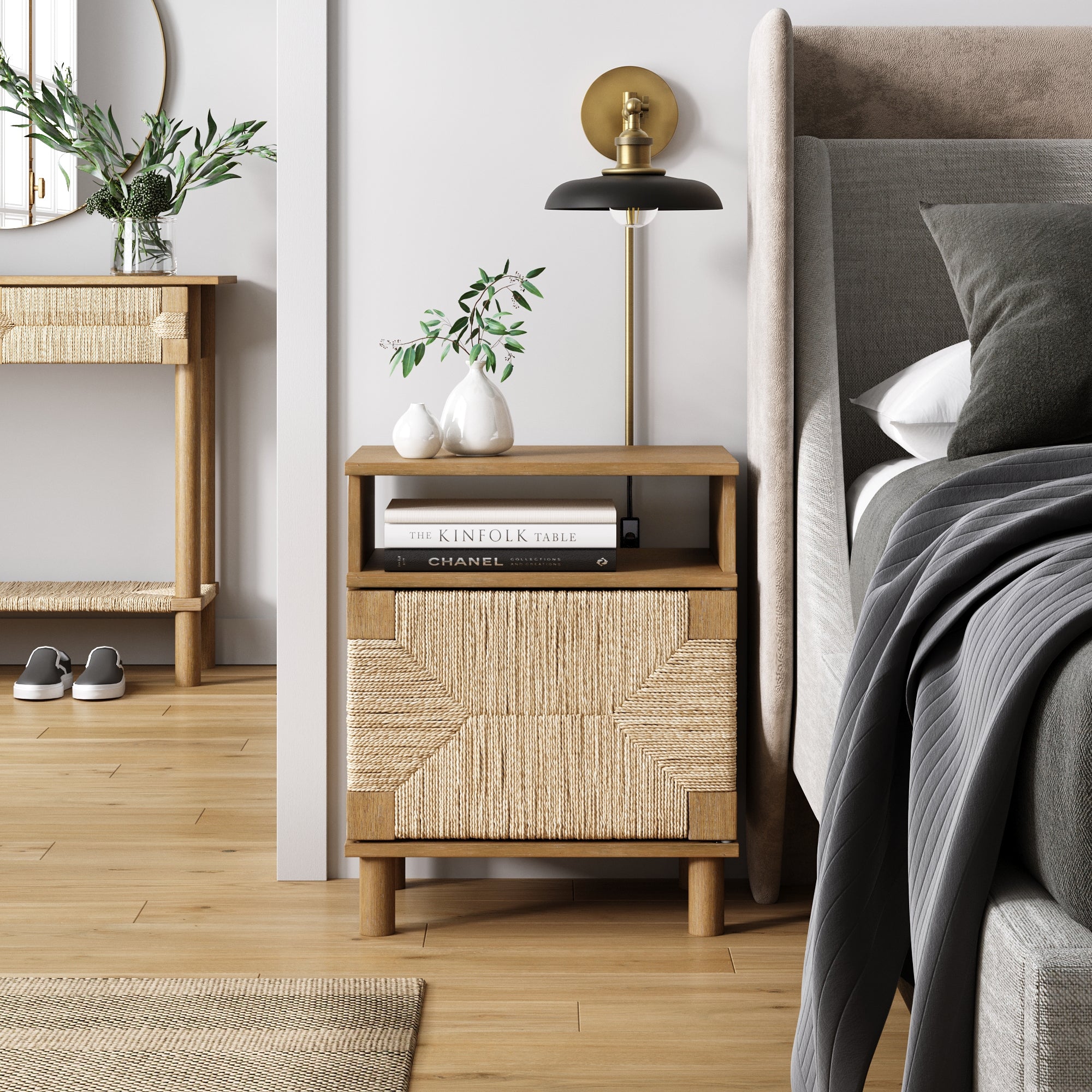 Boho Seagrass & Wood Storage Nightstand - Nathan James