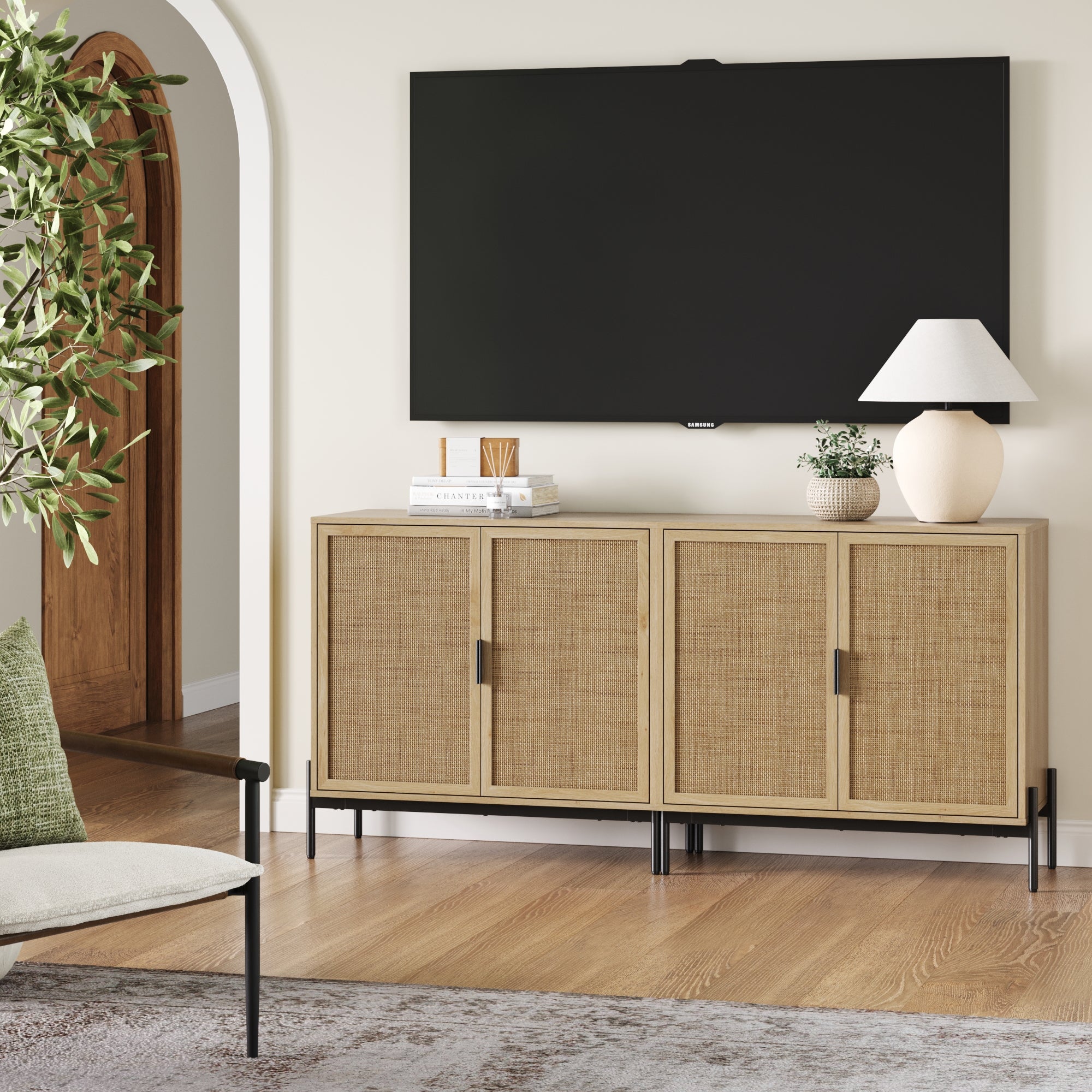 Boho Rattan Credenza Console Table Oak (Set of 2) - Nathan James