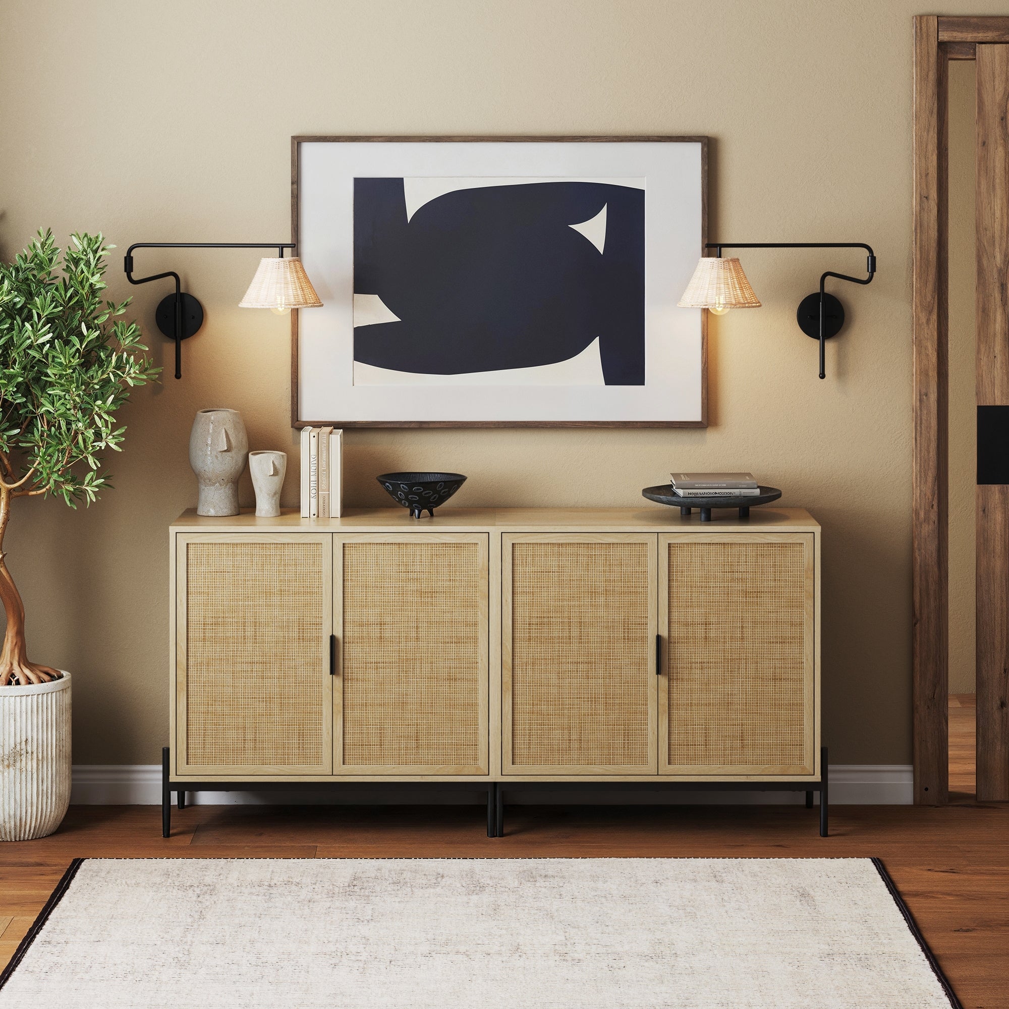 Boho Rattan Credenza Console Table Oak (Set of 2) - Nathan James