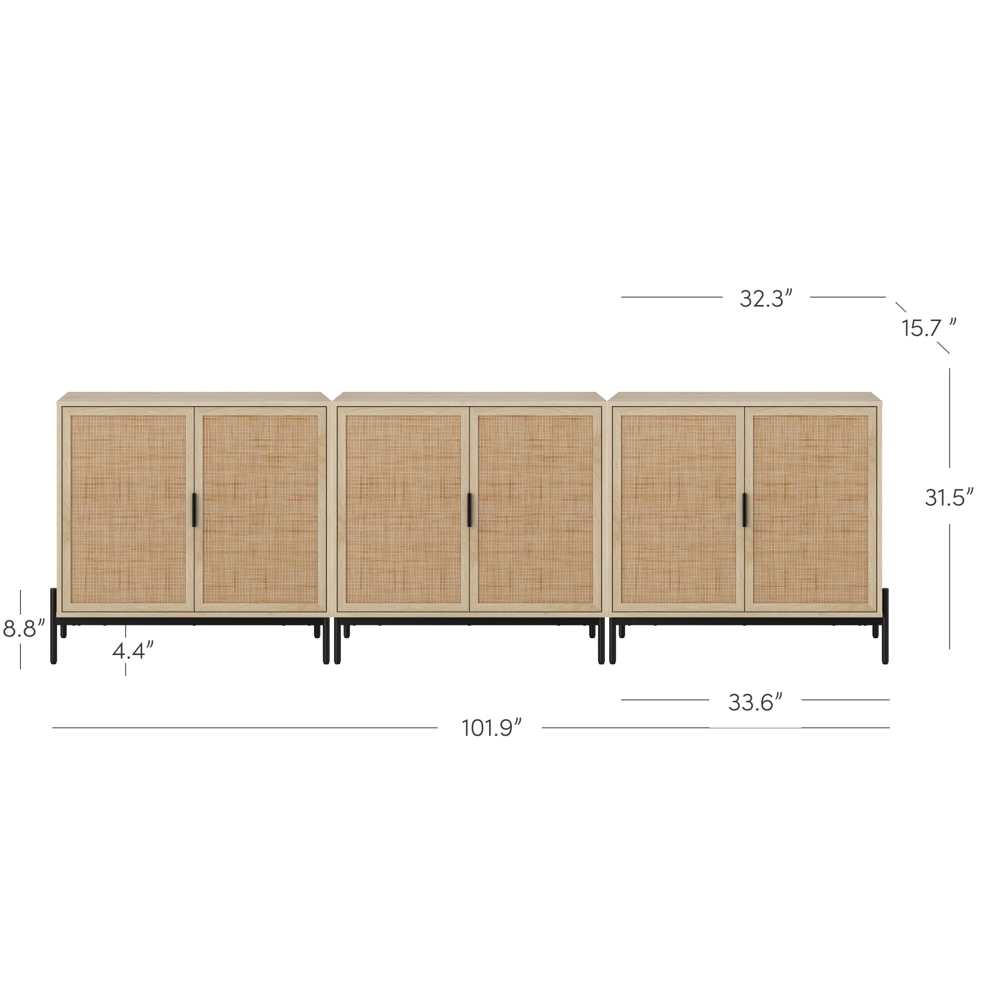 Front view of a four-door cabinet with light wood and woven panel doors, black metal legs, and labeled dimensions: 101.9 wide, 31.5 tall, 15.7 deep; each section is about 32–34 wide.