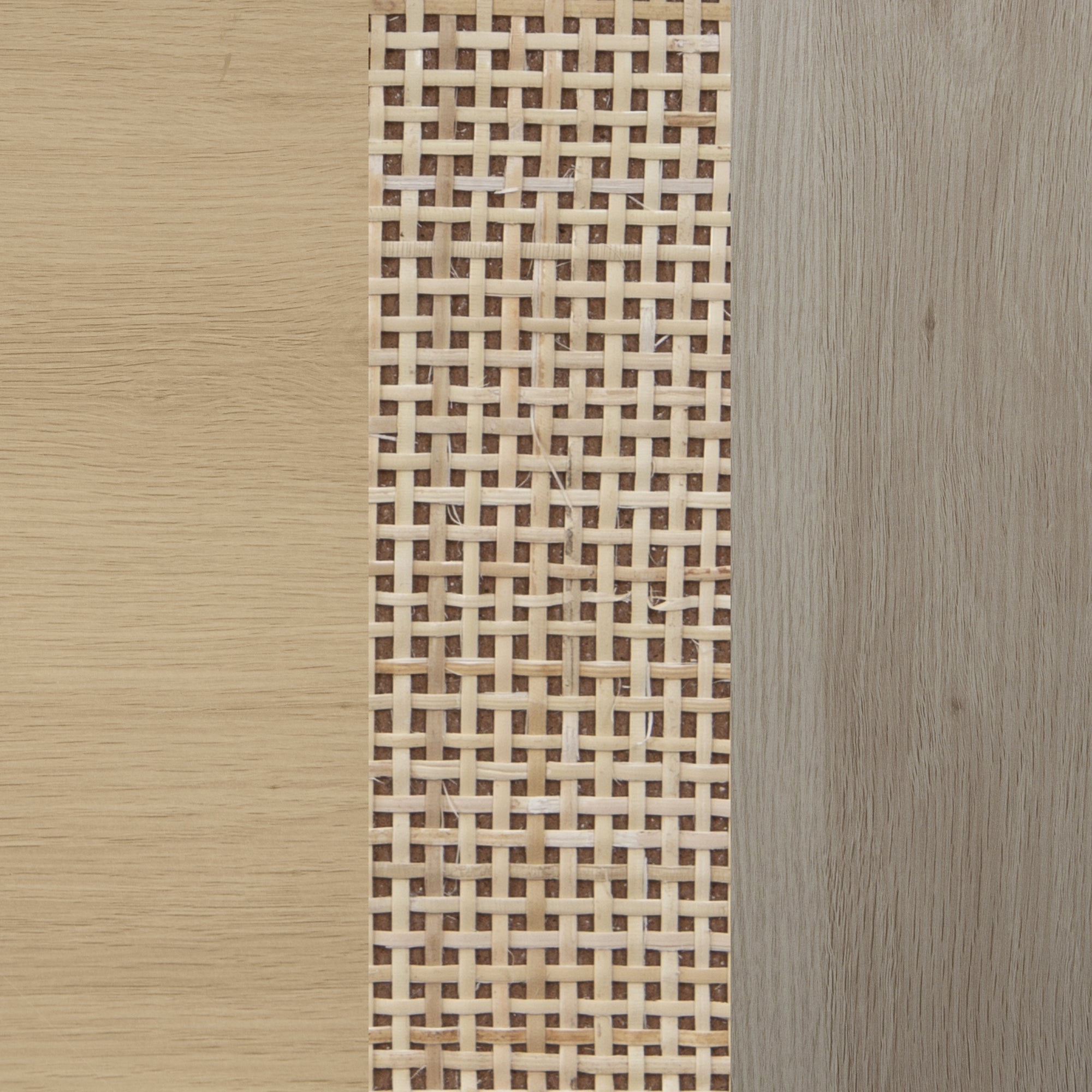 A close-up of three vertical panels: light wood on the left, woven cane material in the center, and grayish wood on the right.